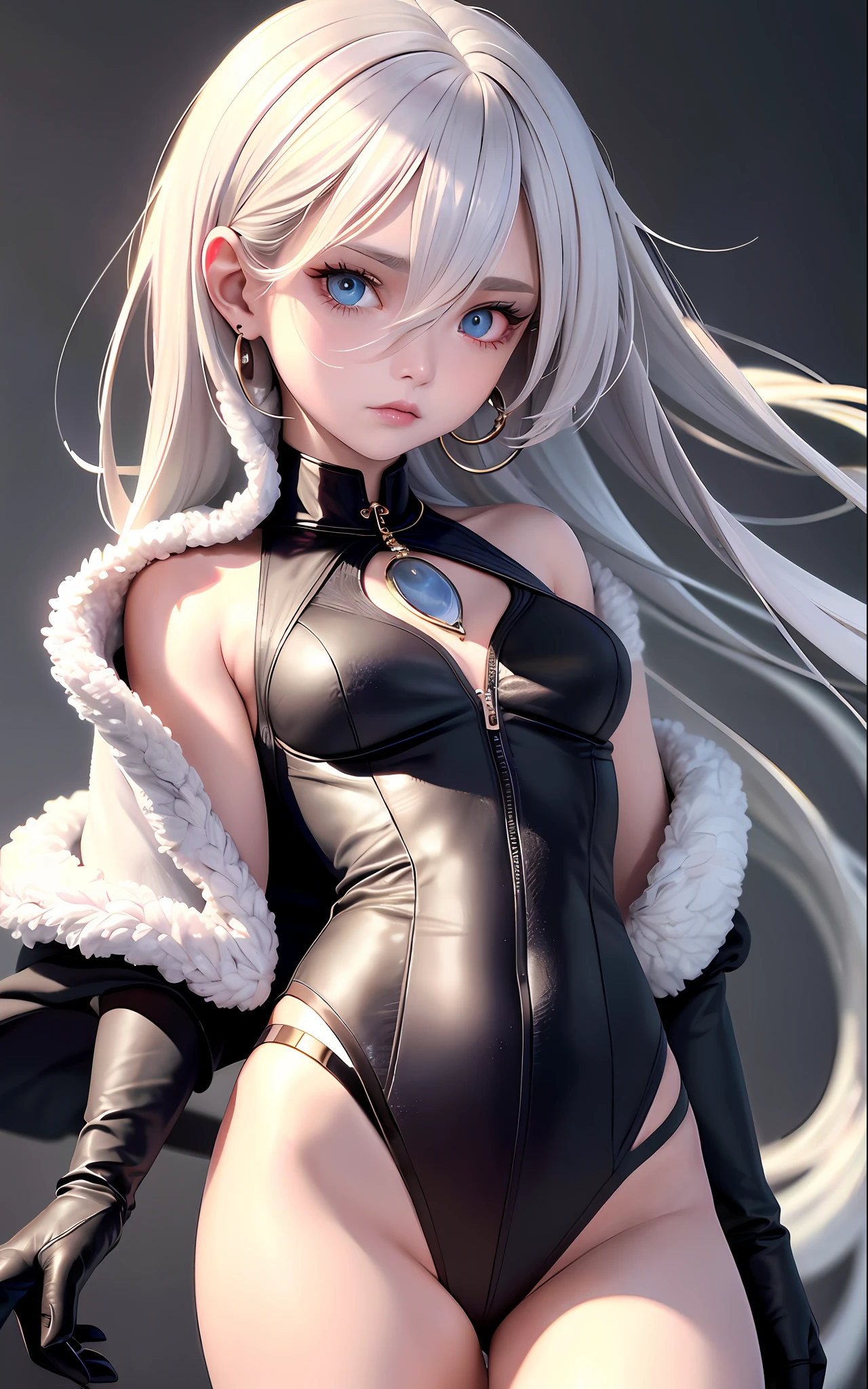 Superb Piece, High Resolution, Best Quality, UHD, Super Detail, Award-Awarded, 16k, (Upper Body), A Beautiful Maiden, Gray Hair, Hair, ((Heterochromia)), Hanging Eyes, Fair Skin, (Small Breasts), (Slim Body), ((Wool Jacket)), (Neck Ring), (Short Glove as Short as Half a Palm)