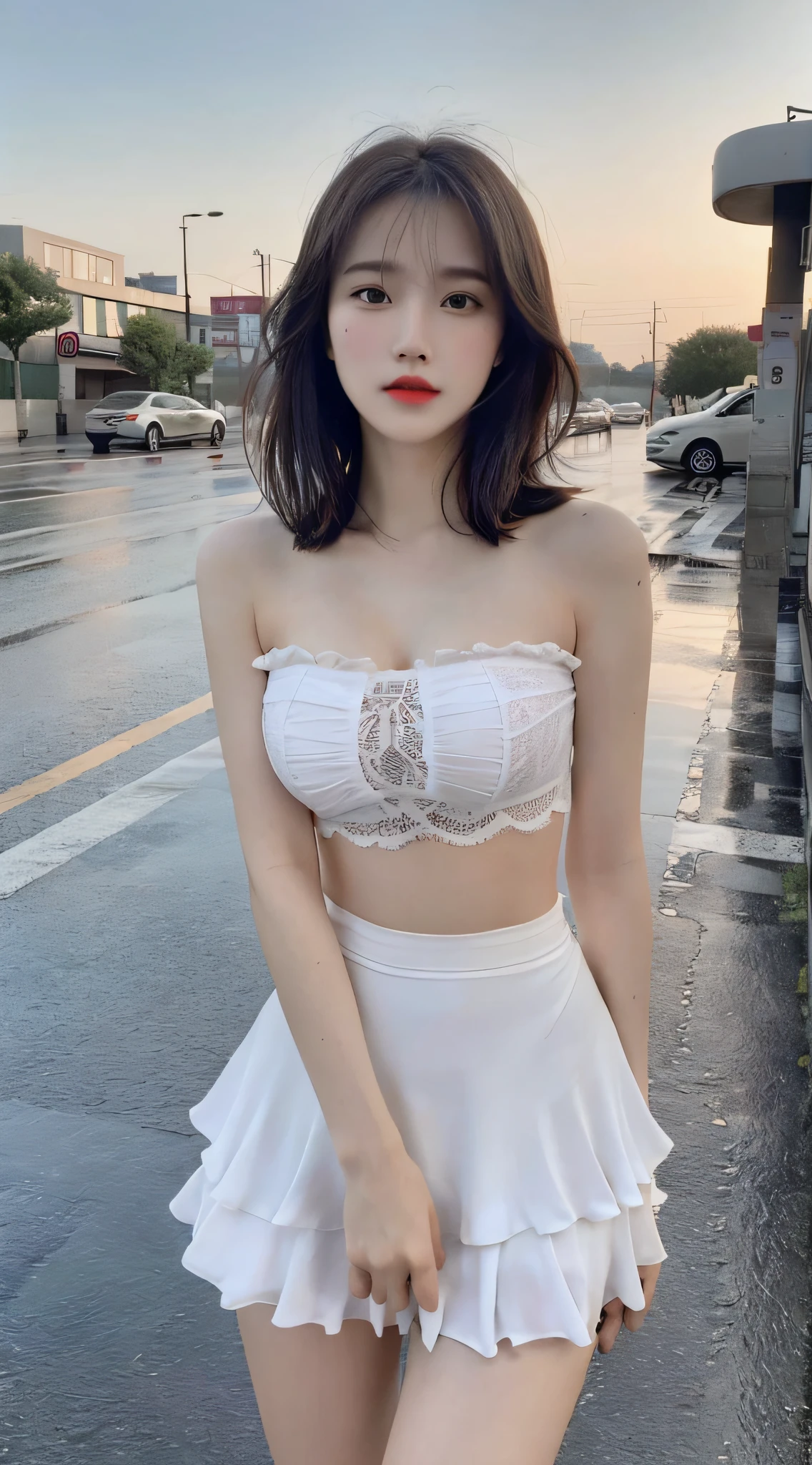((Best Quality, 8k, Masterpiece: 1.3)), Focus: 1.2, Perfect Body Beauty: 1.4, Buttocks: 1.2, ((Layered Haircut, Very Large: 1.2)), (Rain, Street:1.3), Bandeau Dress: 1.1, Highly Detailed Face and Skin Texture, Delicate Eyes, Double Eyelids, Whitened Skin, Long Hair, (Round Face: 1.5), Miniskirt, Leaky Point, Exposed, Bikini, Lace Panties, Feminine, Sexy, Big, Like Liu Yifei