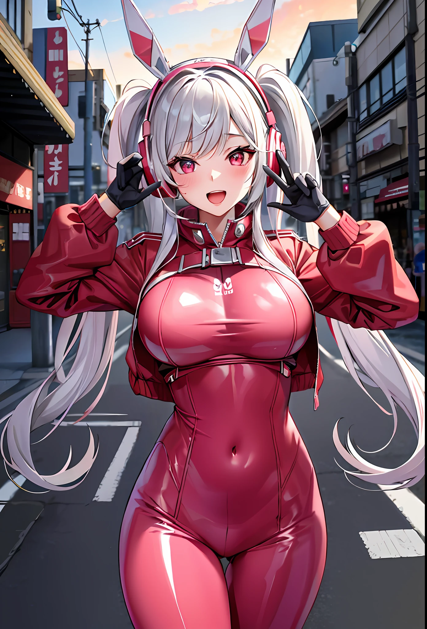 symmetrical,High detail RAW color photo professional close photograph, [:(highly detail face: 1.2):0.1], (PureErosFace_V1:0.6), pore, real human skin, a portrait of an 18yo woman in a street,detailed tokyo street,outdoor,cityscape, huge breasts, show with, animal ear headphones, animal ears, V sign, bangs, blush, bodysuit, breasts, bunny pose, clothes writing, covered navel, cowboy shot, cropped jacket, fake animal ears, gloves, hair intakes, headphones, impossible bodysuit, impossible clothes, jacket, large breasts, latex, latex bodysuit, long hair, long sleeves, looking at viewer, medium breasts, multicolored gloves, open mouth, pink bodysuit, pink eyes, red eyes, red jacket, shiny clothes, shrug \(clothing\), sidelocks, complex background, skin tight, smile, solo, thigh gap, thighs, twintails, very long hair, white gloves, white hair,alice \(nikke\),(masterpiece:1.4),(best quality:1.4),(shiny skin),realistic,