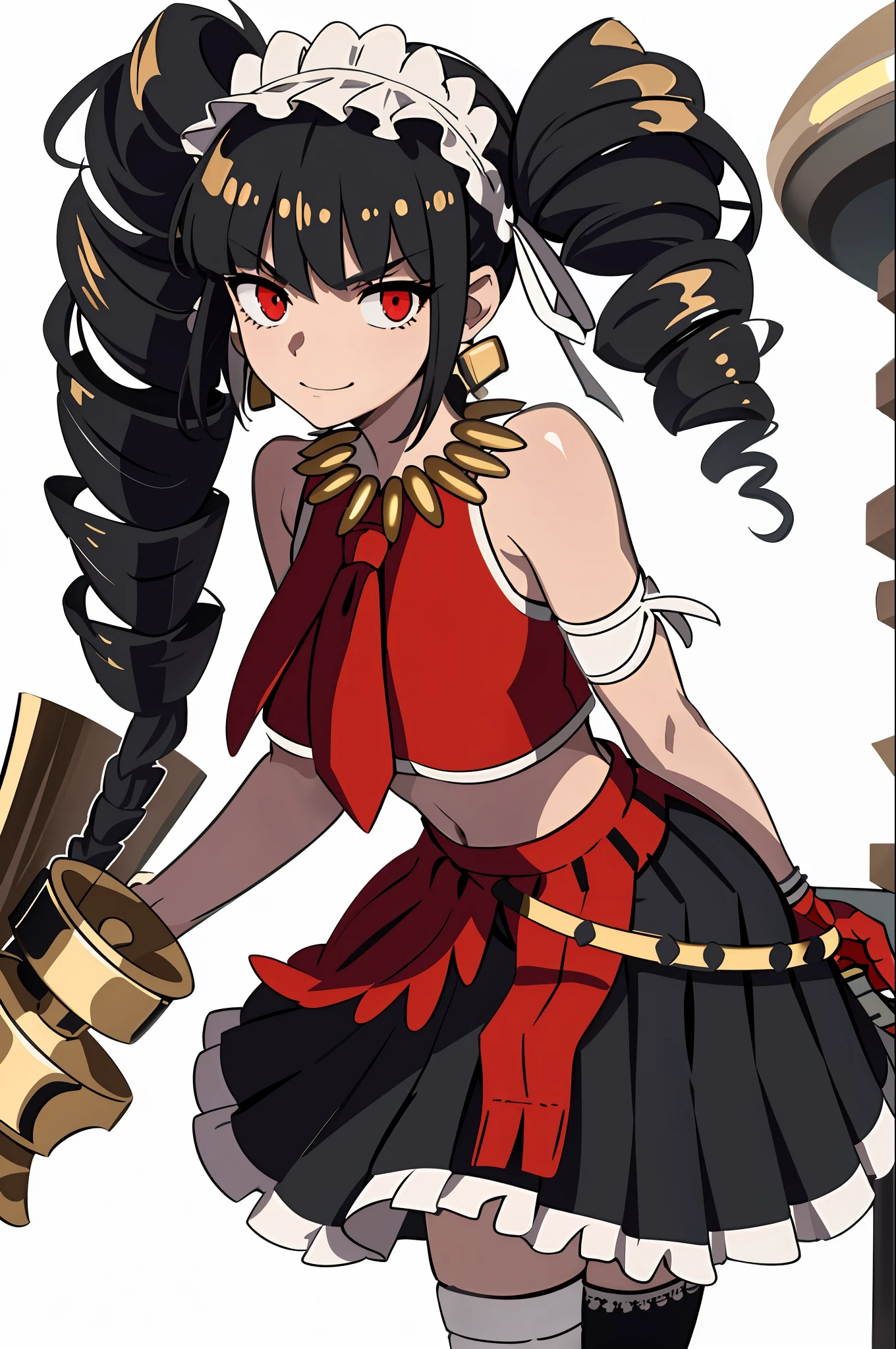 realistic, (masterpiece, top quality, best quality, official art, beautiful and aesthetic:1.2), extremely detailed,(1girl:1.3),cowboy shot,(looking at viewer),(holding single weapon:1.3),clenched fist, pointing hand viewer, from middle,black background,(night:1.2), filmg, insane happy expression, celestiaLudenbergTopless, solo, and long, has black hair in two large twin-drill pigtails, (red eyes:1.2), 1girl, jewelry, standing, earrings, necklace, armor, tattoo, topless, Gold armor, shirtless, gold clingon bra, single gold gauntlet,right gold shoulder armor,right gold elbow gloves, one shoulder armor, a red and gold jacket that includes white ribbon lacing down the sleeves, fastened by a simple white ribbon across her chest to reveal her red tie, knee-high stockings trimmed in ladder lace with a black ribbon on the opposite side of the other for each, dark red mary janes with a thick heel held on her feet by three gold buckles, a white lace headband, and a gold, gunmetal plated ring, a red pleated miniskirt that is cut extremely short, standing, full body portrait