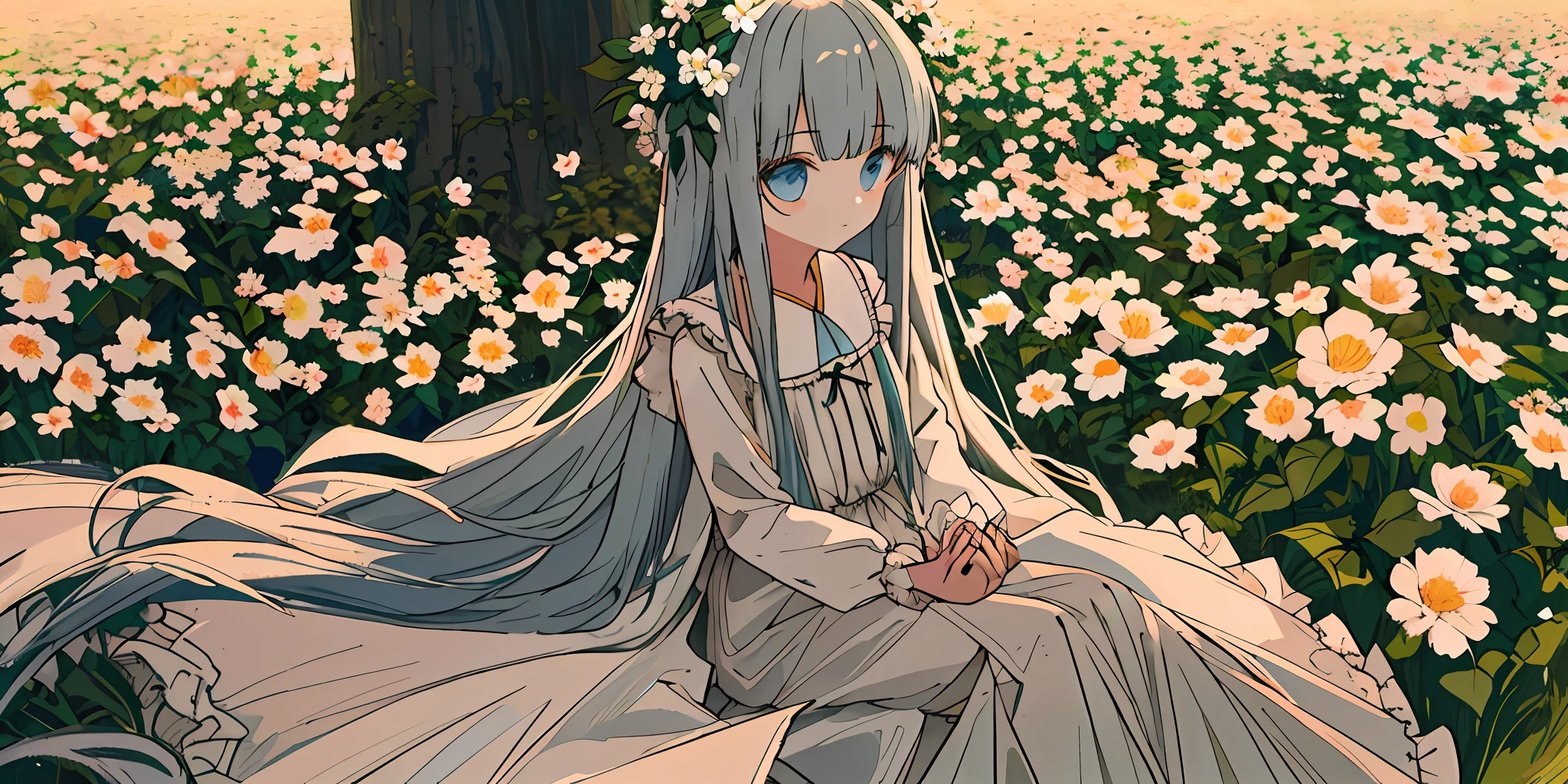 Masterpiece, best quality, a girl with long hair, soft white clothes, alone in a never-ending flower field