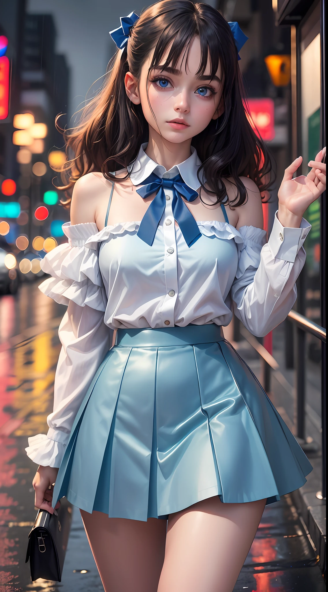 (8k, RAW photo, high sensitivity, best quality, masterpiece, ultra high resolution, fidelity: 1.25), 1 girl, single, 20 years old, blue eyes, big eyes, fashion, (collar shirt: 1.1), bow tie, pleated skirt, medium hair, bare shoulders, full body, (night), rain, walking, city lights,