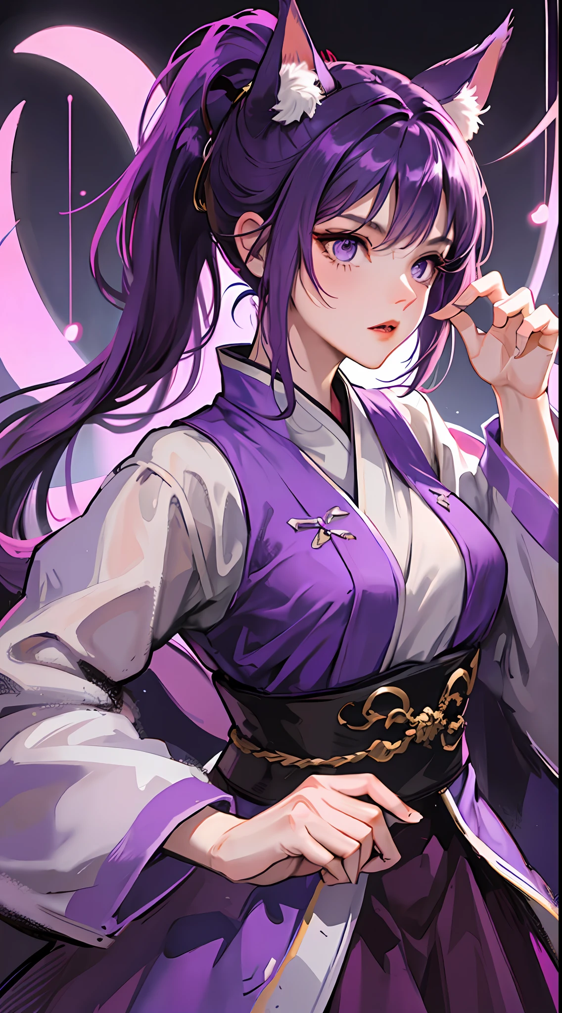 Tall girl, short purple hair, high ponytail, fox ears, purple eyes, Hanfu fighting, fighting stance, wicked, masterpiece, high quality