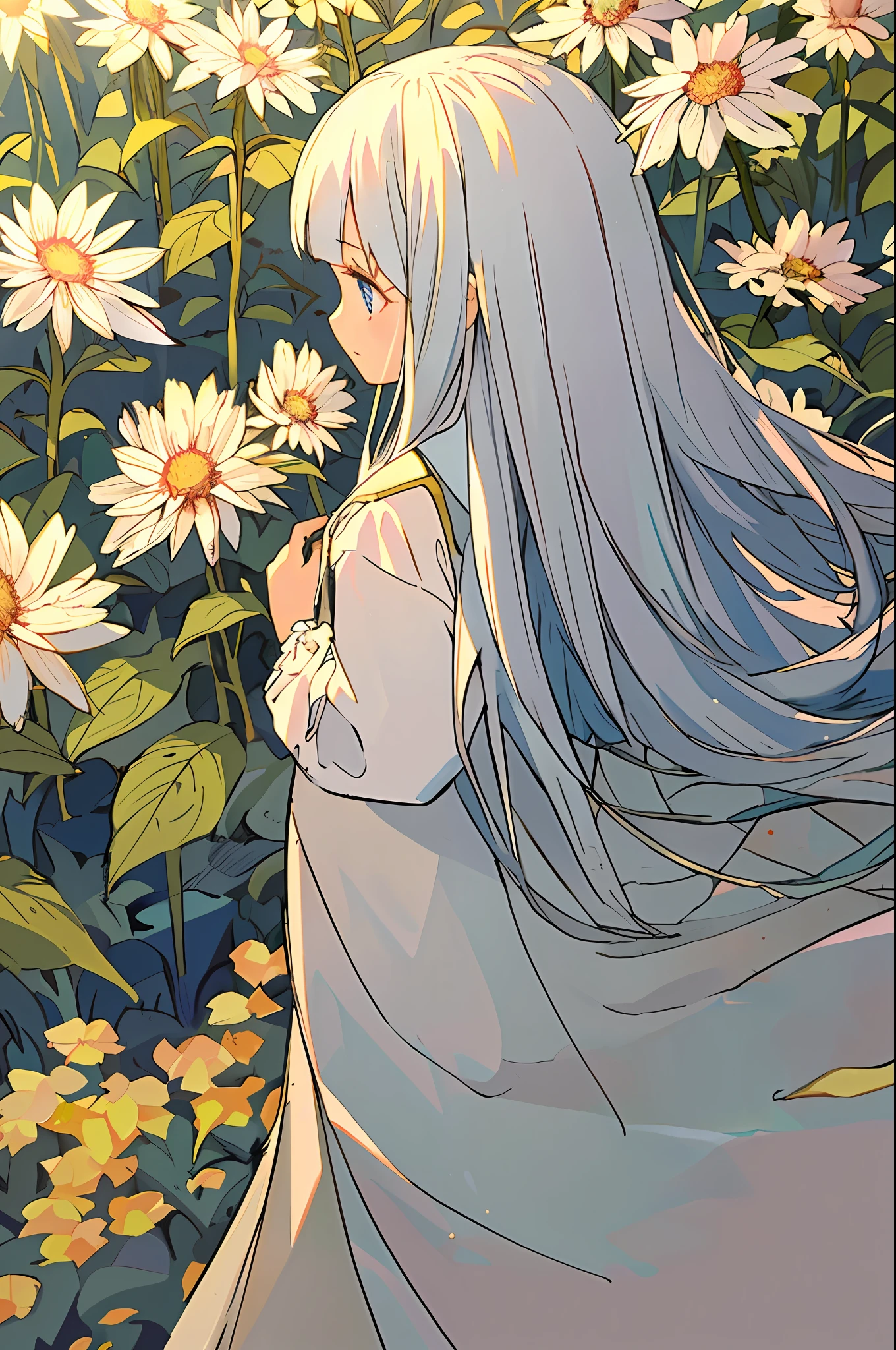 Masterpiece, best quality, a girl with long hair, soft white clothes, alone in a never-ending flower field