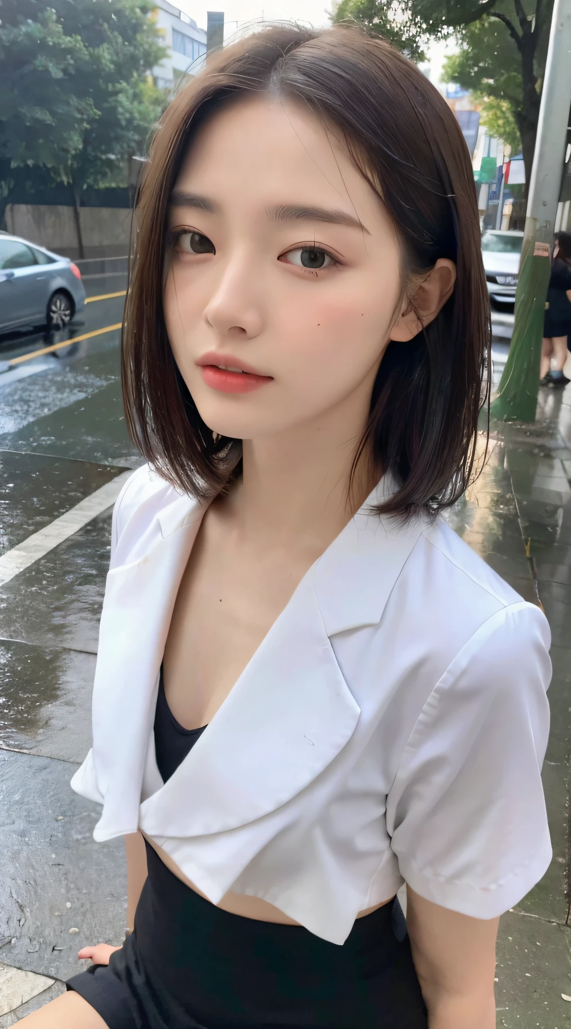 ((Best Quality, 8k, Masterpiece: 1.3)), Focus: 1.2, Perfect Body Beauty: 1.4, Buttocks: 1.2, ((Layered Haircut, Normal Chest: 1.2)), , (Rain, Street:1.3), , Miniskirt: 1.1, Highly detailed face and skin texture, Fine eyes, Double eyelids, Whitened skin, Long hair, (Round face: 1.5), wet, rainy days