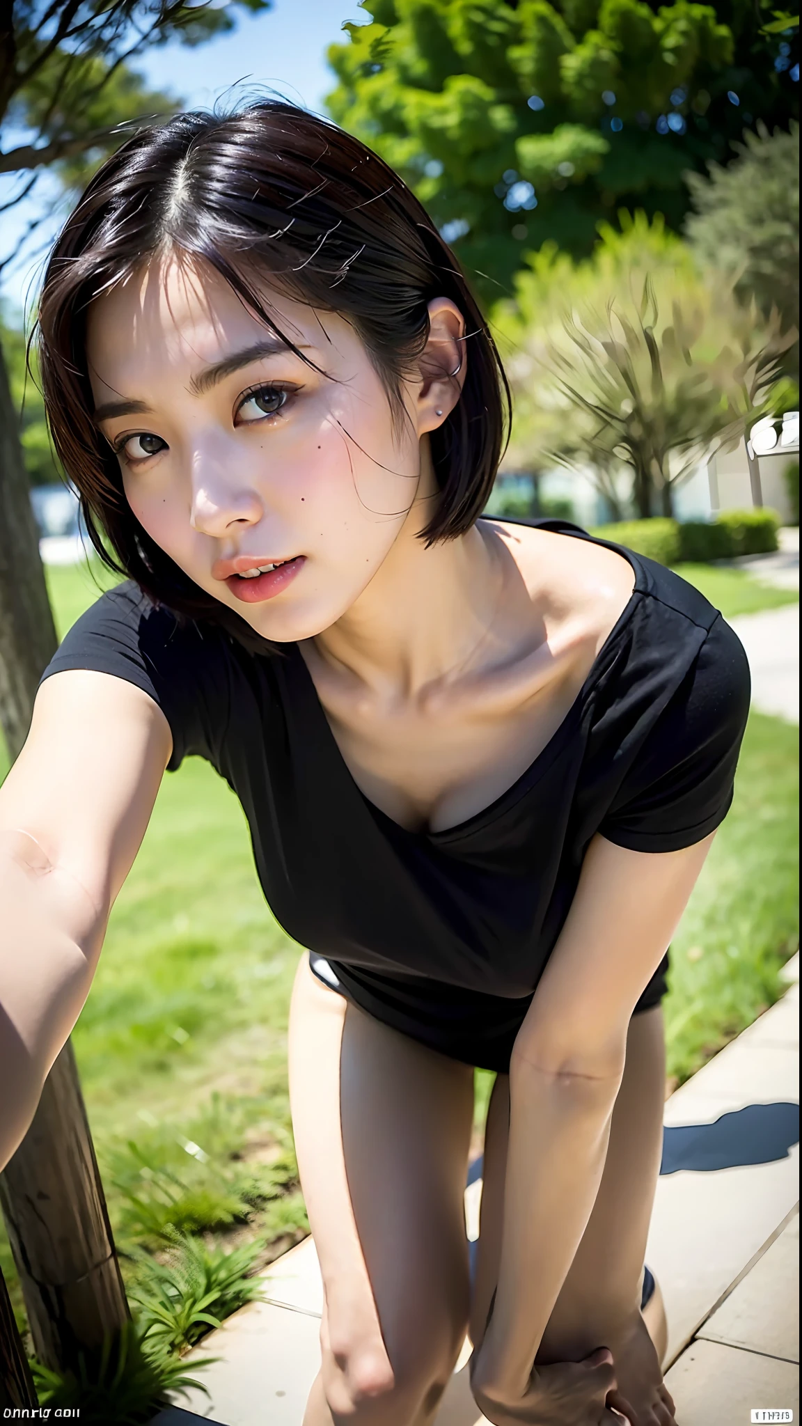 (Best quality, 8k, 32k, Masterpiece, UHD:1.2),Photo of Pretty Japanese woman,black short hair,beauty face,(leaning forward:1.3),squatting,(from above:1.2),(close up:1.4),pov,loose t-shirt,large breasts,(beautiful nipple slip:0.9),outdoors,windy,shiny skin,blurry background,
