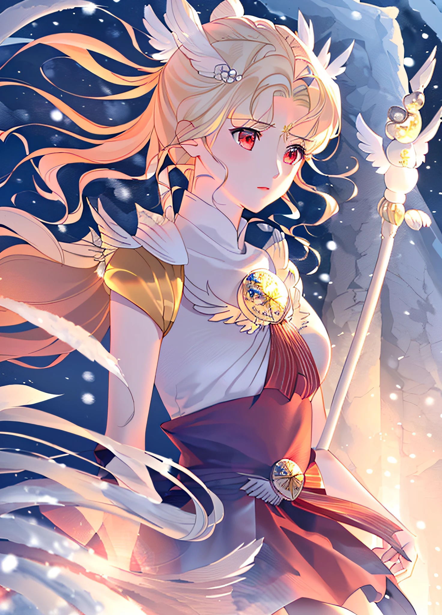 Best quality, masterpiece, blonde hair, detailed, red eyes, wind, floating hair, snow, upper body, detailed face, winter, trees, sunlight, mid-abdomen, white wings, biased dance, blonde hair, multicolored bow and arrow, game CG. Honor of Kings gameplay style.