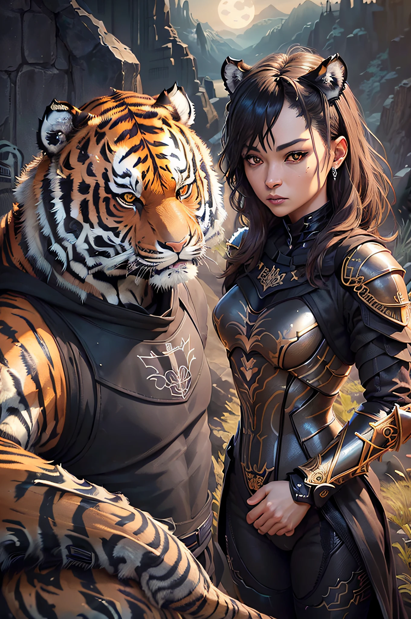 best quality ,masterpiece, illustration, an extremely delicate and beautiful, sharp focus, absurdres, realistic proportions, ((((realistic, hyperrealistic:1. 4)))), 16k hdr ,CG ,unity , ((((((((1tiger)))), full character)))),(((((armor), knight, rogue, paladin, mid body , ((((wearing black warrior suit)))), berserker, ranger, valkyrie, armor, dark, shadow, ((valley, landscape))))),((looking at viewer)),(((dark:1.4), deep shadow, moonlight, extremely detailed )), Amazing, dramatic light,style of Yoji Shinkawa and Hyung-tae Kim,((drastic hair ornaments)),((Soft light))), (CGSociety, Intricate:1.1),symmetrical, detailed linework, cinematic, psychedelic, black paper with vibrant line work, ornate, ((((symmetrical)))), highly detailed, castle, ((golden ratio)),(filigree:1.4) ,((loong pattern))