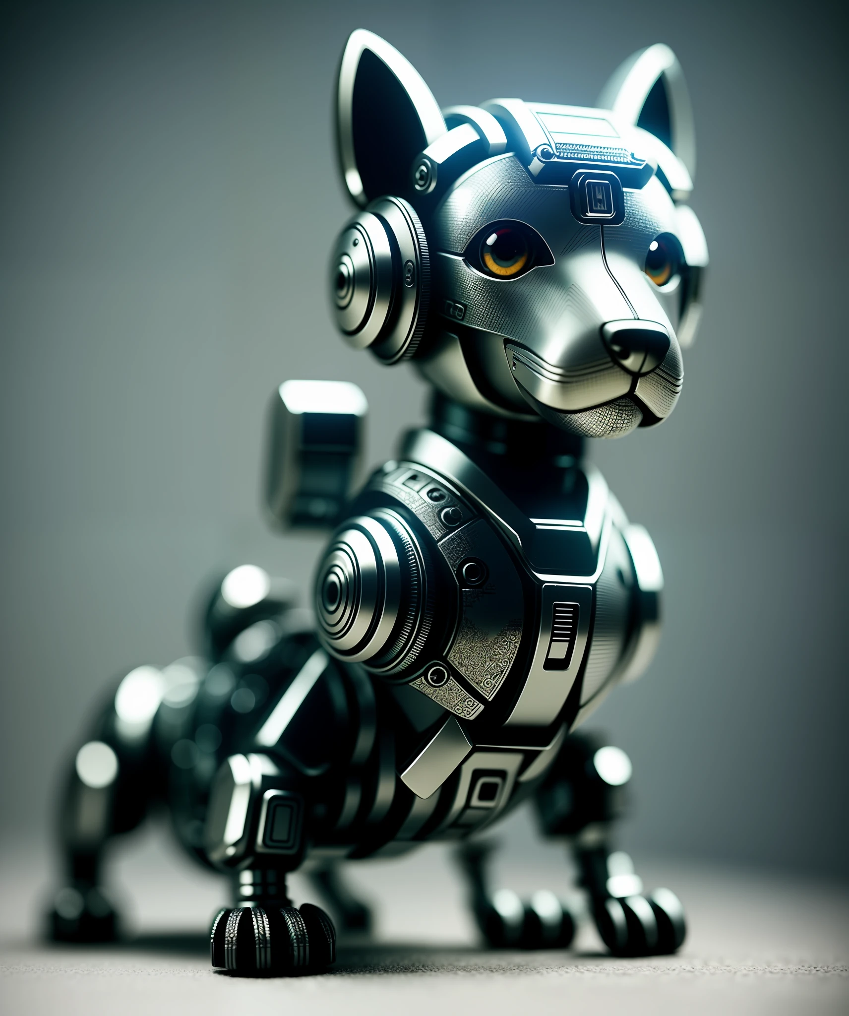 A cute puppy made of metal, (cyborg:1.1), ([tail|detailed wire]:1.3), (intricate detail), hdr, (intricate detail, hyperdetailed:1.2), cine footage, halo shadow, centered