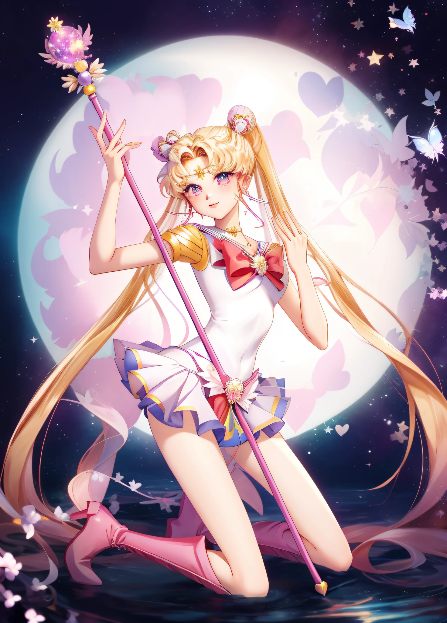 Masterpiece, best quality, (1 girl), super sailor moon, cowboy shot, sailor moon, kneel to the ground, squint, small eyes, misty eyes, look at the scepter, moon, butterfly, heart-shaped bow scepter, multicolored clothes, sailor senishi uniform, multicolored skirt, hair ornament, red bow, brooch, heart brooch, earrings, heart necklace, heart, very long hair, crescent earrings, tiara, yellow necklace, boots, knee boots, red shoes, detailed eyes, especially short skirt, bikini lingerie, sexy pajamas.