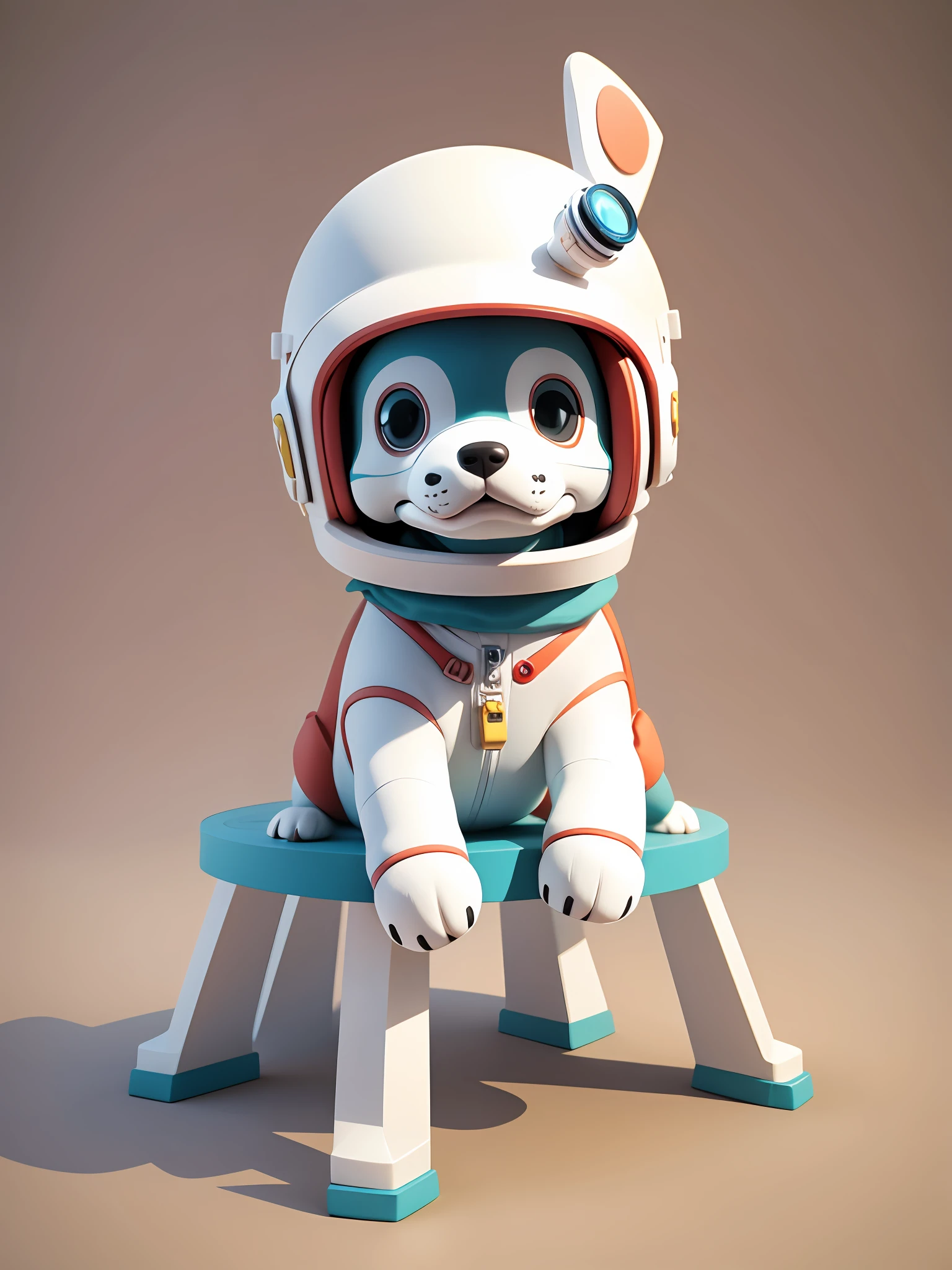 There is a dog-shaped toy with a helmet, cute 3d rendering, cute digital art, dog like an anime space cadet, sitting on a white base