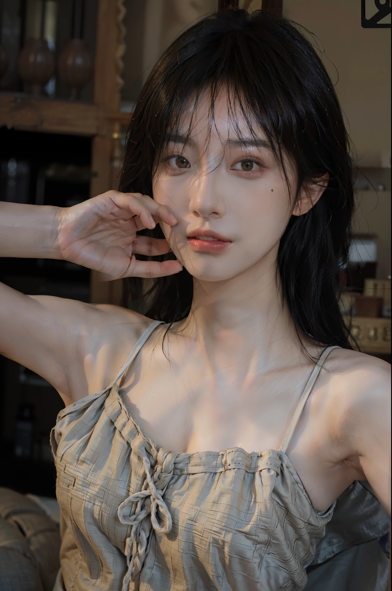 8K,Best quality, masterpiece, ultra high res, (photorealistic:1.4), raw photo, (Authentic skin texture:1.3), (film grain:1.3), (selfie angle),1girl,beautiful detailed eyes and face,masterpiece, best quality,close-up,upper bod,