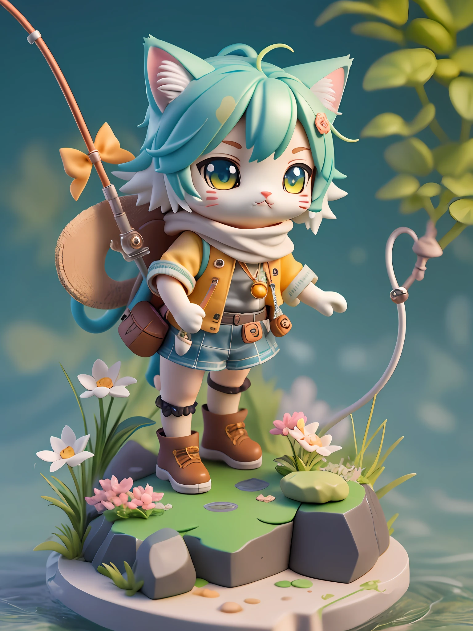 there is a cat that is standing on a rock with a fishing pole, female explorer mini cute girl, water color nendoroid, super highly detailed, cute detailed digital art, trending on polycount, rin, anime highly detailed, stylized anime, highly detailed character, highdetailed, very very high detailed, style as nendoroid, anime styled 3d