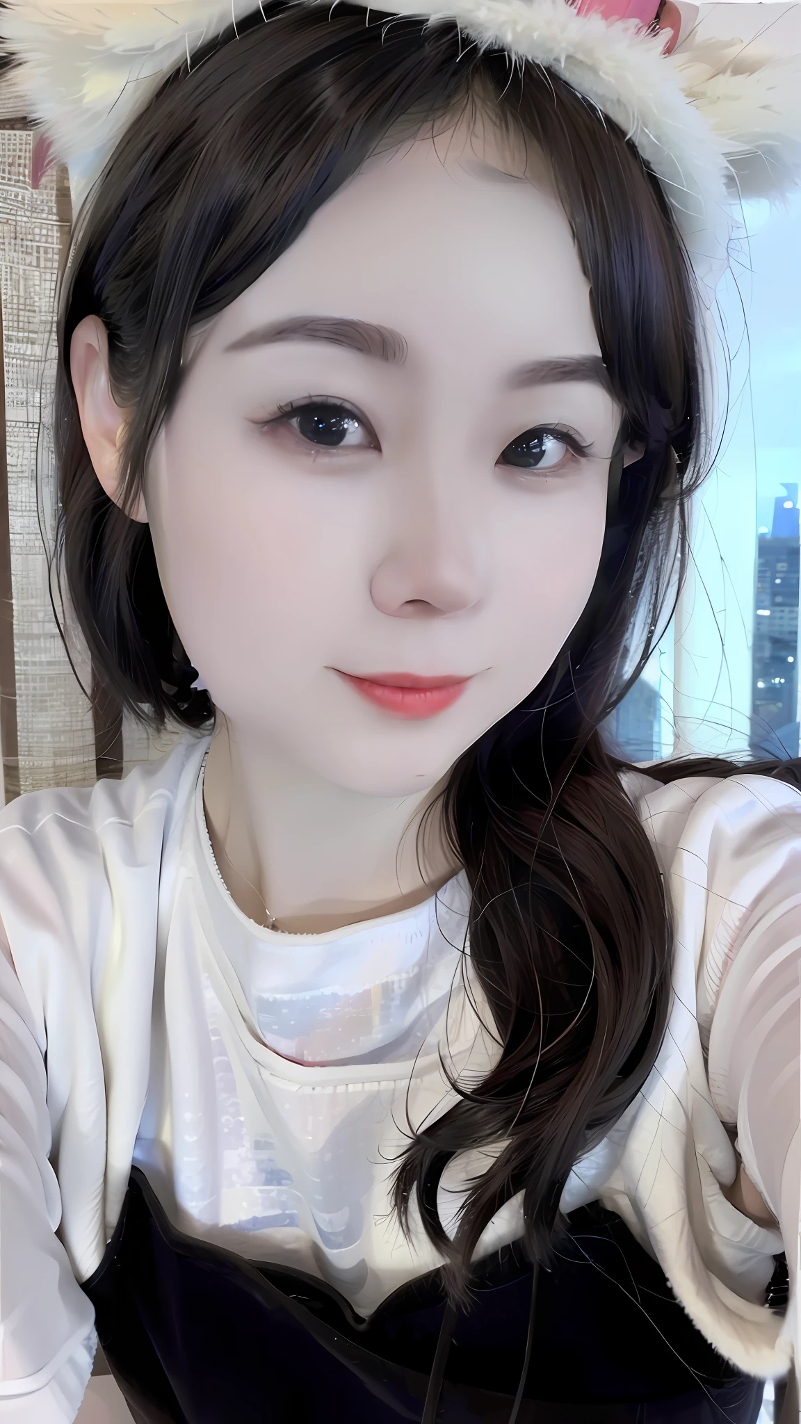 ((Midnight, Best quality, 8k, Masterpiece :1.3)), Whole body, Long legs, Sharp focus :1.2, A pretty woman with perfect figure :1.4, Slender abs :1.1, ((Dark brown hair, Big breasts :1.2)), (White tight tshirt, Jean bib, Standing:1.2), ((Night city view, Rooftop:1.3)), Highly detailed face and skin texture, Detailed eyes, Double eyelid