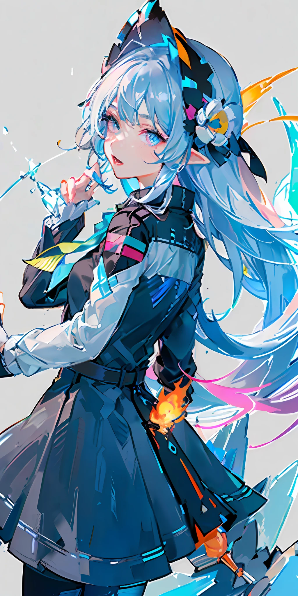 (Highest Quality), (Masterpiece), (Super Detailed), (Eye Detail: 1.0), (Lens Flare: 1.0), (Movie Poster: 1.0), (Tarot Border: 1.0), Portrait Center, (Close-up :1.0),(Negative space:0.8),(Negative space:1.6),(Solo),(float {wind|water magic|ink|crystal|ice|fire|fire|thunder|net|stone|sand|particles |spark|blood}: 1.0), (lots of colorful {soap|cloud|thorn|spike|vine|electric|spiral|halo|wing|tattoo|cube|octahedron}: 1.0), (floating {red| Green|Blue|Light Green|Purple|Yellow|Black|White|Gray|Pink|Orange|Lime} {ribbon|feather|particle|leaf|drop|snow|softball}:1.0),( {crystal|ice|fire| Fire|Wind|Water| Earth|Stone|Space|Music|Soundwave|Vortex} {Magic|Wings}: 1.0), ({raytraced, glow|dapped sun, rays, caustics| Night, dark theme|mysterious, weird|easy -going, soft}: 1.2), ({colorful|iridescent|multicolored}:1.0),(beautiful and detailed light: 1.0),({forward lean|backward|rolling|} :1.2),{ (smile: 1.0 )|(smirk: 1.0) |(cool expression: 1.0)}, ({small|small||lips, eyelashes}:1.0),{(open mouth: 1.0)|(shut up:1.0)| },({eyelashes |eyeshadow||}),{one eye closed|||},({red|green|blue|aqua|purple|yellow|black|white|grey|pink|orange |lime} hair: 1.4 ),( {short|long|medium}hair:1.0),({from below|from above|from the side|from back|facing the viewer}:1.3),(halo:1.3),(head tilt: 1.0), ( Dynamic Pose: 1.1), (Asymmetric Hair: 1.2), ({red|green|blue|aqua|purple|yellow|black|white|grey|pink|orange|lime} { armor|dress|collared shirt |suit| Suit}: 1.0), ({formal wear|military uniform|technical wear|urban style|casual, casual wear|fantasy, magic|wild, tribal|sci-fi, future}),({plaid skirt|layered skirt|bubble skirt| tights|pants|shorts}),({red|green|blue|aqua|purple|yellow|black|white|grey|pink|orange|lime} {eyes|eyes|pupils }:1.4),{ (forehead: 1.5),Asymmetrical bangs|Slanted bangs|Long hair|Flat bangs|Swept bangs},{Single eye bag|Ponytail|High double ponytail|||},{Straight hair|Wavy hair|Drill hair||}, {Long coat |blazer|cloak|sweater|tie||},{(floating cloak: 1.0),|}({fox ears, fox girl|vampire