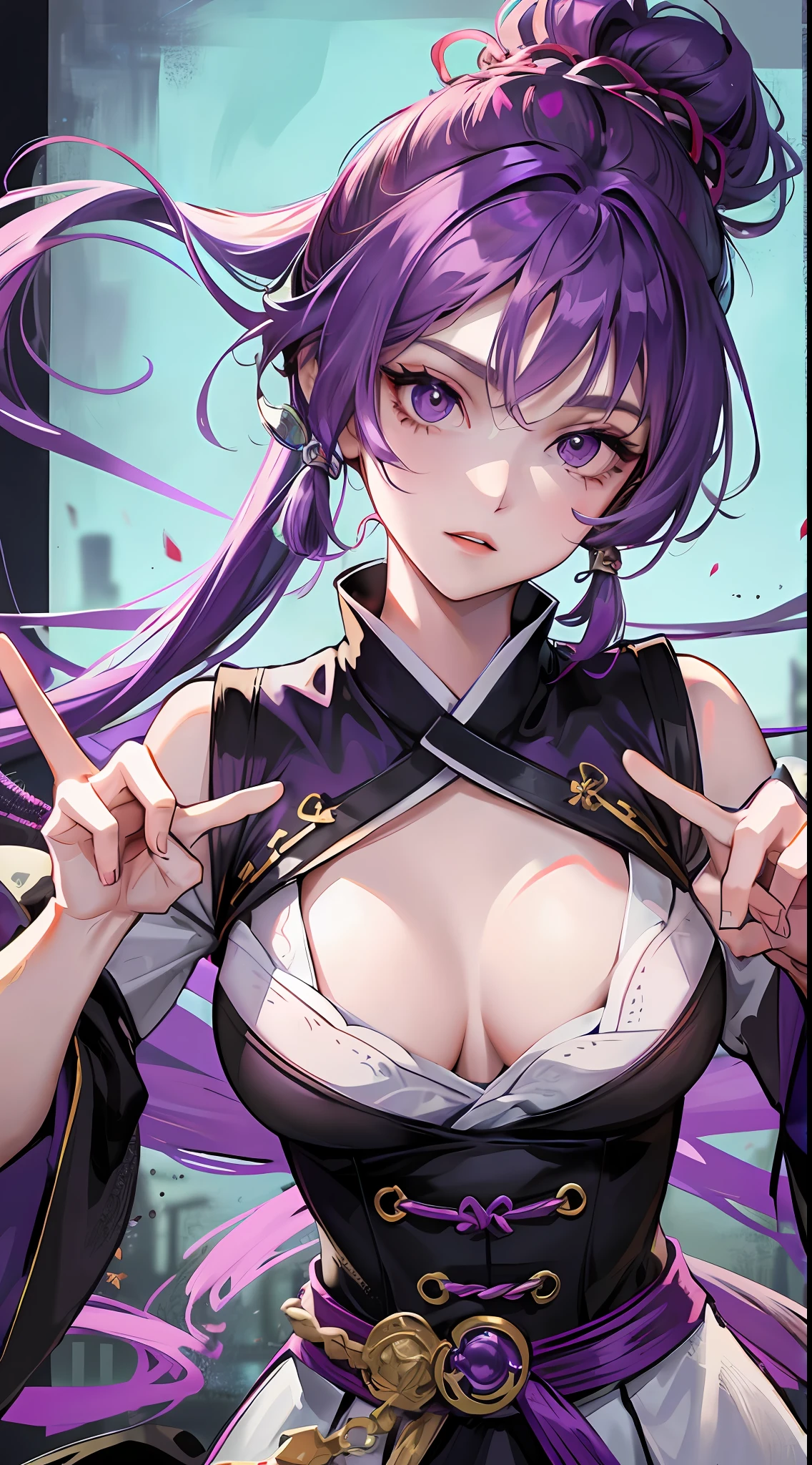 Tall girl, short purple hair, high ponytail, fox ears, purple eyes, Hanfu fighting, fighting stance, wicked, masterpiece, high quality