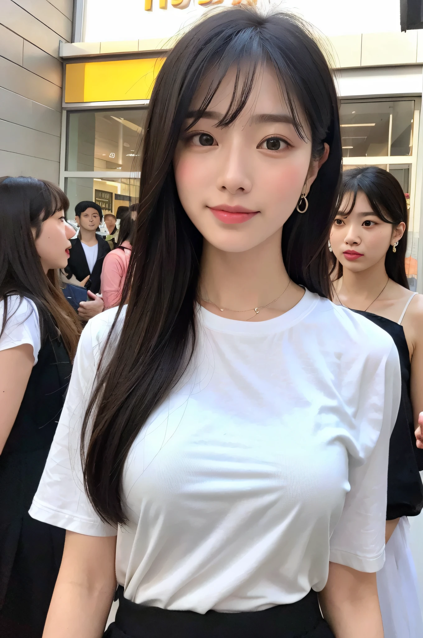 (8k, RAW Photo, Best Quality, Masterpiece:1.2), Ultra Detail, Super Resolution, (Realistic, Realistic Photo:1.37), Portrait, High Detail RAW Color Photo, Professional Photo, Extremely Detailed and Beautiful, Extremely detailed, 8k wallpaper, amazing and detailed, huge file size, official art, highly detailed CG unity 8k wallpaper, highly detailed beautiful girl, highly detailed face, highly detailed eyes, highly detailed skin, highly detailed fingers, highly detailed nose, very detailed detailed mouth , perfect anatomy, highly detailed background, highly detailed clothing, 1girl, (18:1.2), , cute girl, famous japanese idol, kawaii, realistic body, petite, fair skin, glowing skin , slim body , handsome body, black hair, long straight hair, (blunt bangs:1.2), smile, cute, youthful, cute face, realistic face, delicate eyes, drooping eyes, white t-shirt, skirt, earring, looking at viewer, cowboy shot, front Facing, Standing, Contraposto, High Street, Public, Crowd, Dynamic Lighting, Very Large Breasts,