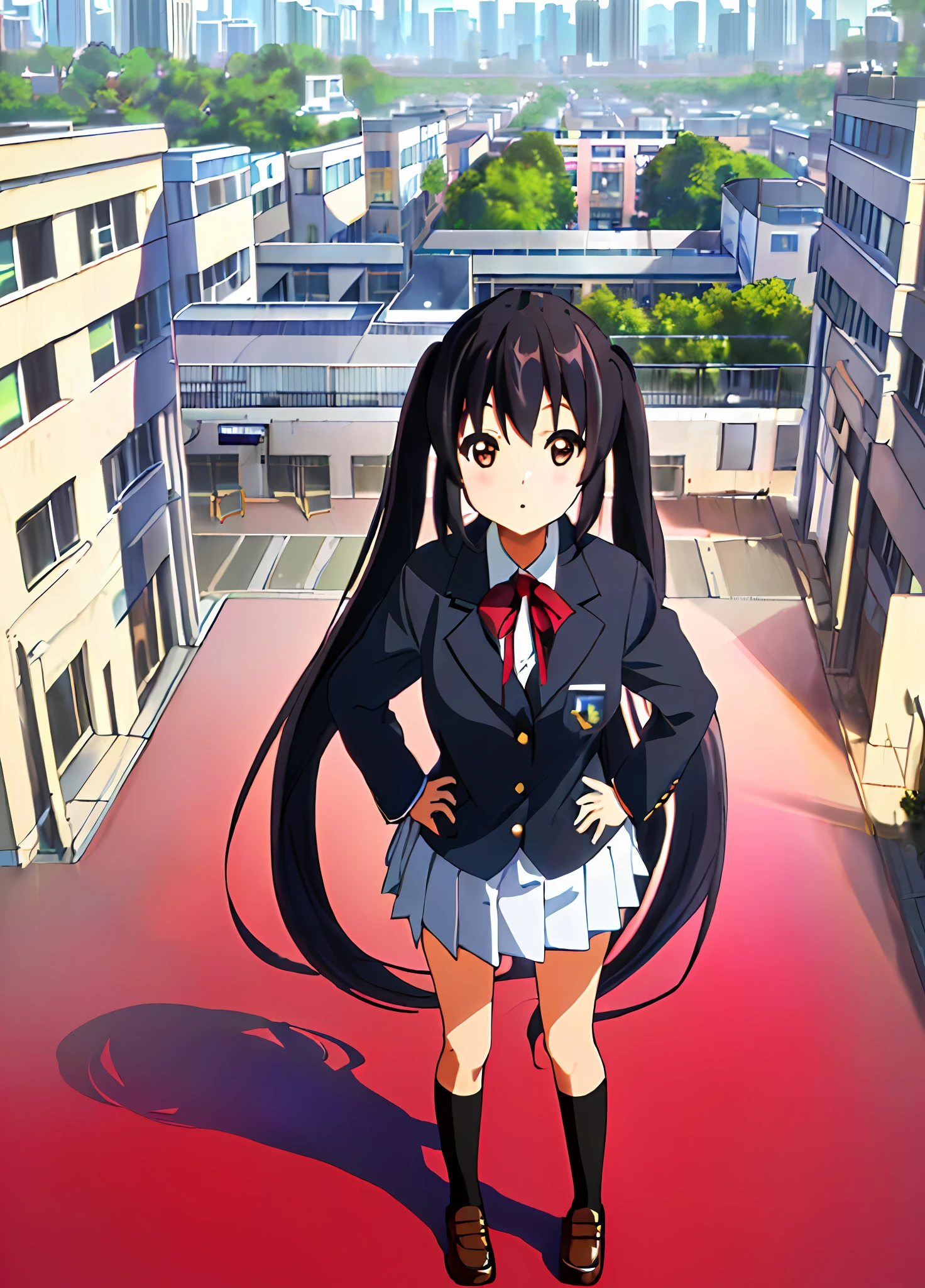 1girl, ((((Masterpiece))), Best Quality, Best Quality, High Detail, Azusa Nakano, 1girl, Sakuragaoka High School Uniform, Musical Instrument, School Uniform, Twin Tails, Long Hair, Black Hair, Brown Eyes, Solo, Red, Dark blue blazer with a thin ribbon of red, Solid white button shirt under blazer, Illustration, Cartoon, Soothing tones, Muted colors, Soft cinematic light, Adobe Lightroom, Photo Lab, HDR, complex and highly detailed, (((depth of field))))). (((Masterpiece))). (((highest quality))).) ((super detail))). (((Illustration))). (((Outside))). (((hands on hips)))). (((Stretch your chest)))),(((Gigantic))).dynamic focus.small breasts. (((skyscrapers))). (((Cityscape))). (((View from above))).