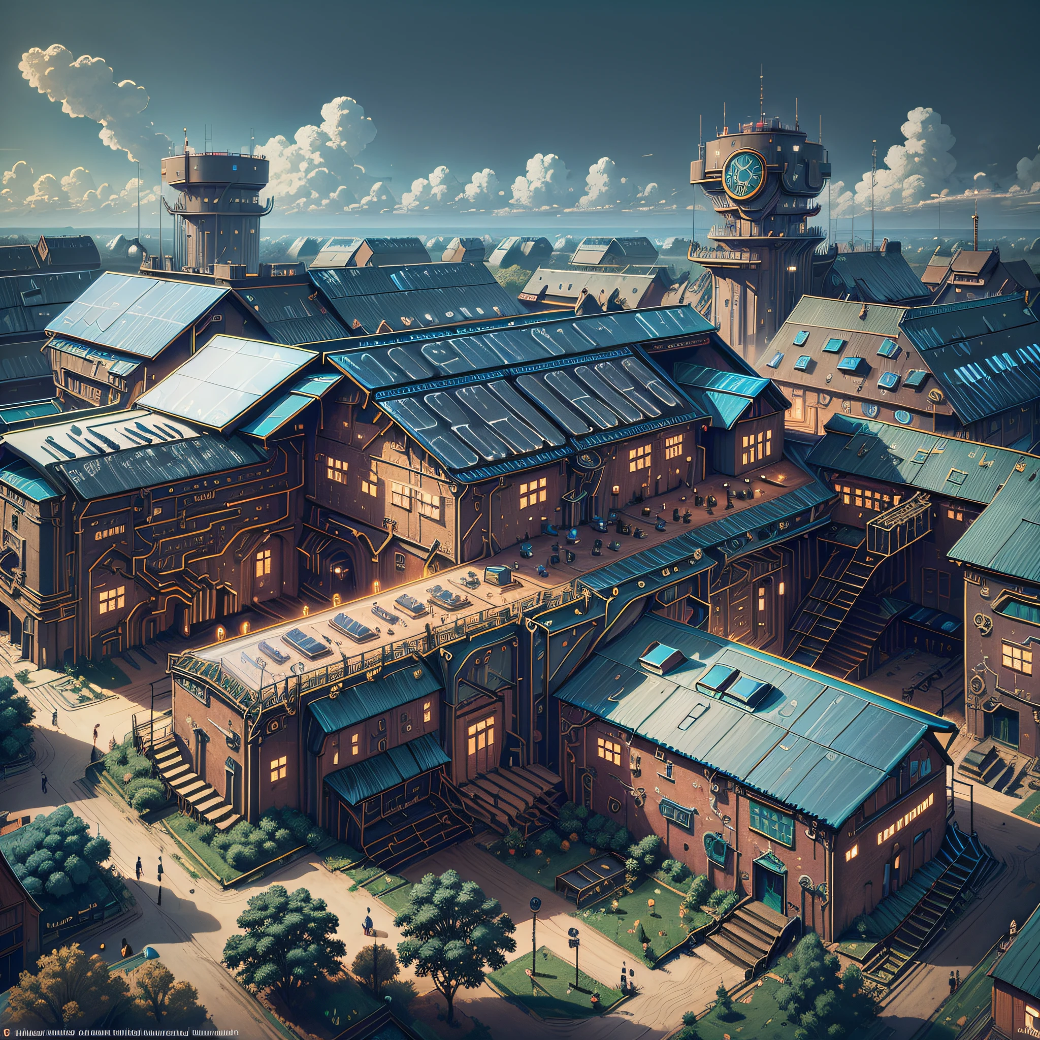 Solarpunk factory with solar panels on roof, robot factory, jan van eyck simon stalenhag carl spitzweg jan van eyck audubon rene magritte max ernst, highly detailed, full lighting, wide angle lens, trending on artstation --auto --s2
