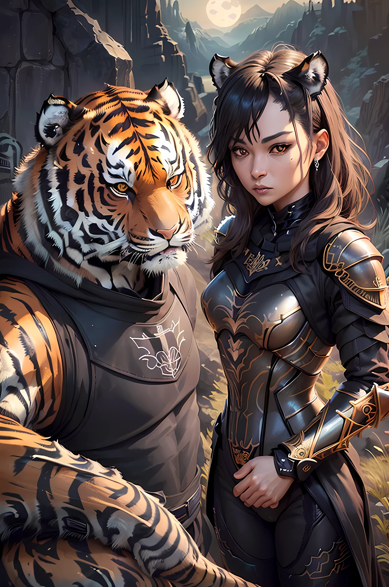 best quality ,masterpiece, illustration, an extremely delicate and beautiful, sharp focus, absurdres, realistic proportions, ((((realistic, hyperrealistic:1. 4)))), 16k hdr ,CG ,unity , ((((((((1tiger)))), full character)))),(((((armor), knight, rogue, paladin, mid body , ((((wearing black warrior suit)))), berserker, ranger, valkyrie, armor, dark, shadow, ((valley, landscape))))),((looking at viewer)),(((dark:1.4), deep shadow, moonlight, extremely detailed )), Amazing, dramatic light,style of Yoji Shinkawa and Hyung-tae Kim,((drastic hair ornaments)),((Soft light))), (CGSociety, Intricate:1.1),symmetrical, detailed linework, cinematic, psychedelic, black paper with vibrant line work, ornate, ((((symmetrical)))), highly detailed, castle, ((golden ratio)),(filigree:1.4) ,((loong pattern))