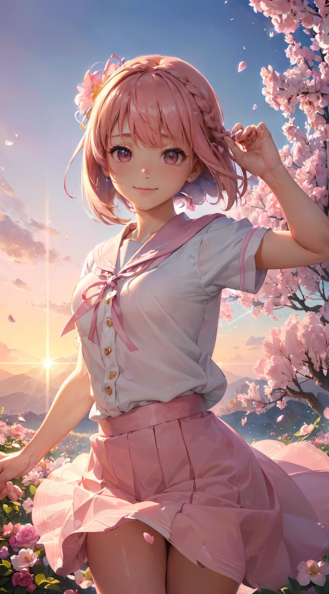 High resolution, ultra-detailed, (((((2D))), Japan people, 1 girl, -yeld hischool girl, (((pink hair)), intricate and beautiful braided hairstyle, pink school uniform, pink skirt, designer uniform, short sleeves, sailor suit, (bob hair), dull bangs, finely detailed eyes, golden ratio face, 8 life-bodies, sunlight, complex iridescent light grains, complex light reflection, beautiful petal shower, Background blue sky, transparency, hidden beauty, smile, depiction with depth, upper body, full of energy, looking at the viewer, fantastic depiction, complex attraction, tenderness overflowing from within, neon, beautiful fine petals or dancing, little skin exposure, dynamism, carefully drawn fingers, many flowers drawn, soft skin, heart ribbon, beautiful hands, colored flowers