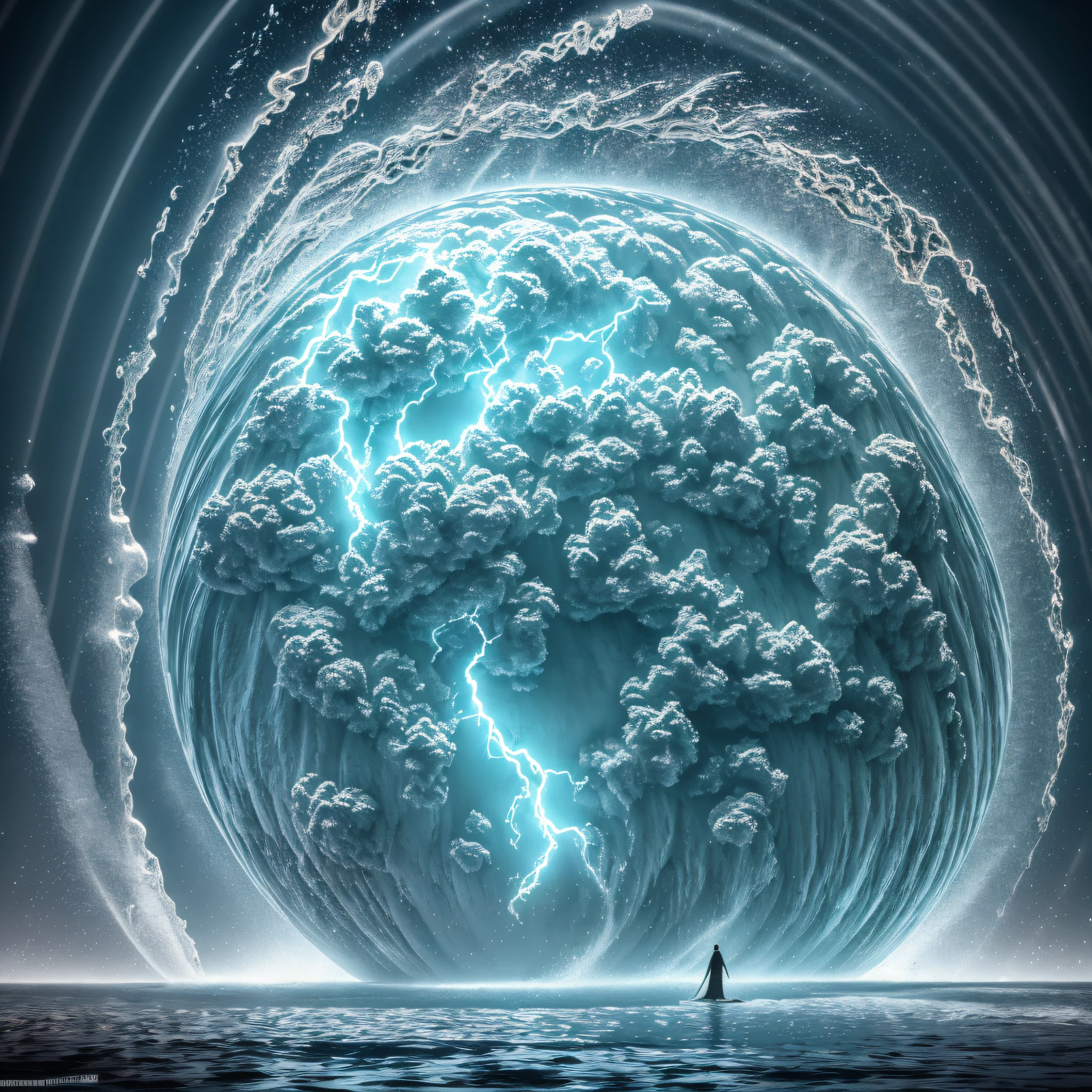 jesus walking on water in a storm, masterpiece, best quality, high quality, extremely detailed CG unit 8k wallpaper, award winning photography, Bokeh, Depth of Field, HDR, bloom, Chromatic aberration, photorealistic, extremely detailed, trending on artstation, trending on CGsociety, intricate, high detail, dramatic, mid-journey art, volumetric lighting