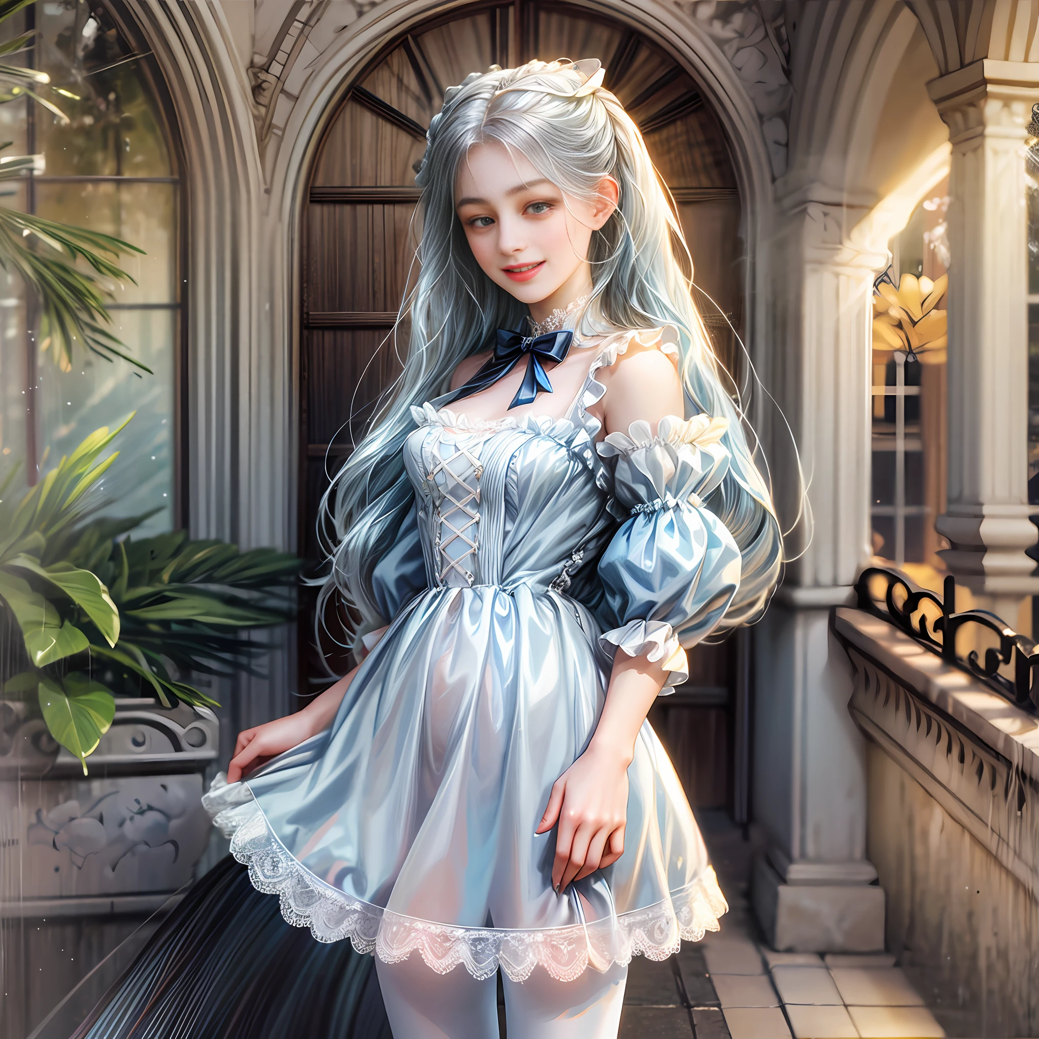 Realistic, 20-year-old girl, light blue long hair, delicate facial features, standing, smiling, Lolita, white pantyhose, hands behind her back, --auto --s2