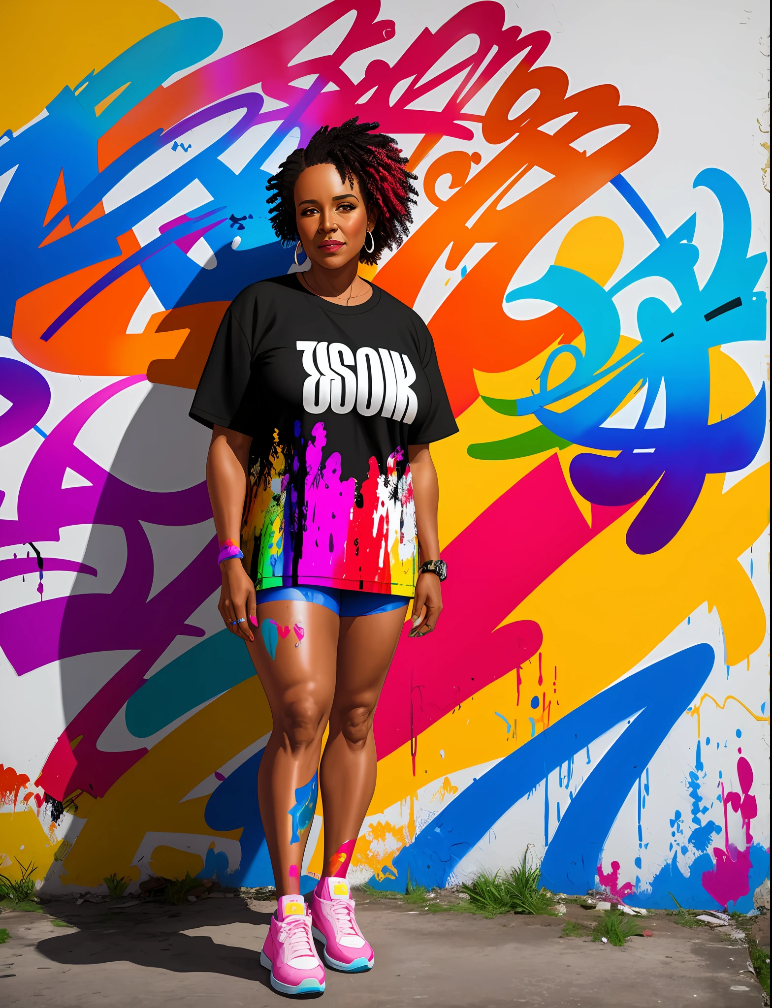 Graffiti painting, street art, 16k extremely detailed CG unit wallpaper, 8k landscape, artwork, masterpiece, best quality, amazing light brushstrokes, of a 45-year-old Black woman in graffiti style on a white wall with vibrant colors.