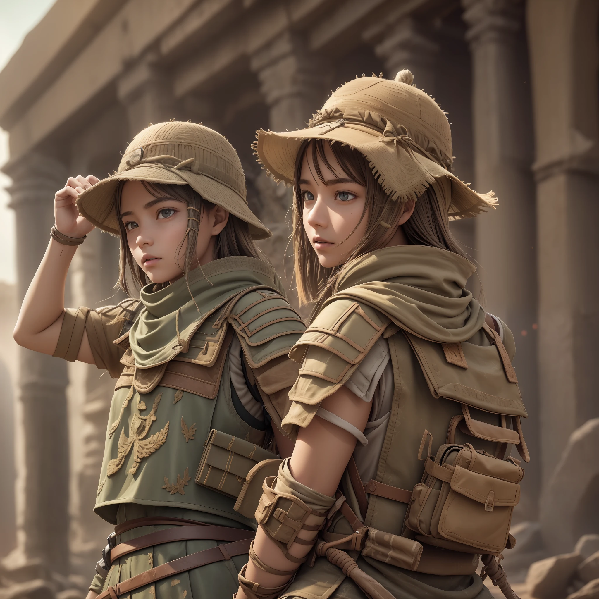 AS-Young 2girls 2boys adventuring in ancient desert ruins, khaki clothes hats and backpacks cargo action camera dutch angle
(masterpiece:1.2) (photorealistic:1.2) (bokeh) (best quality) (detailed skin) (intricate details) (8k) (high poly) (claymation) (cinematic lighting) (sharp focus) --auto --s2