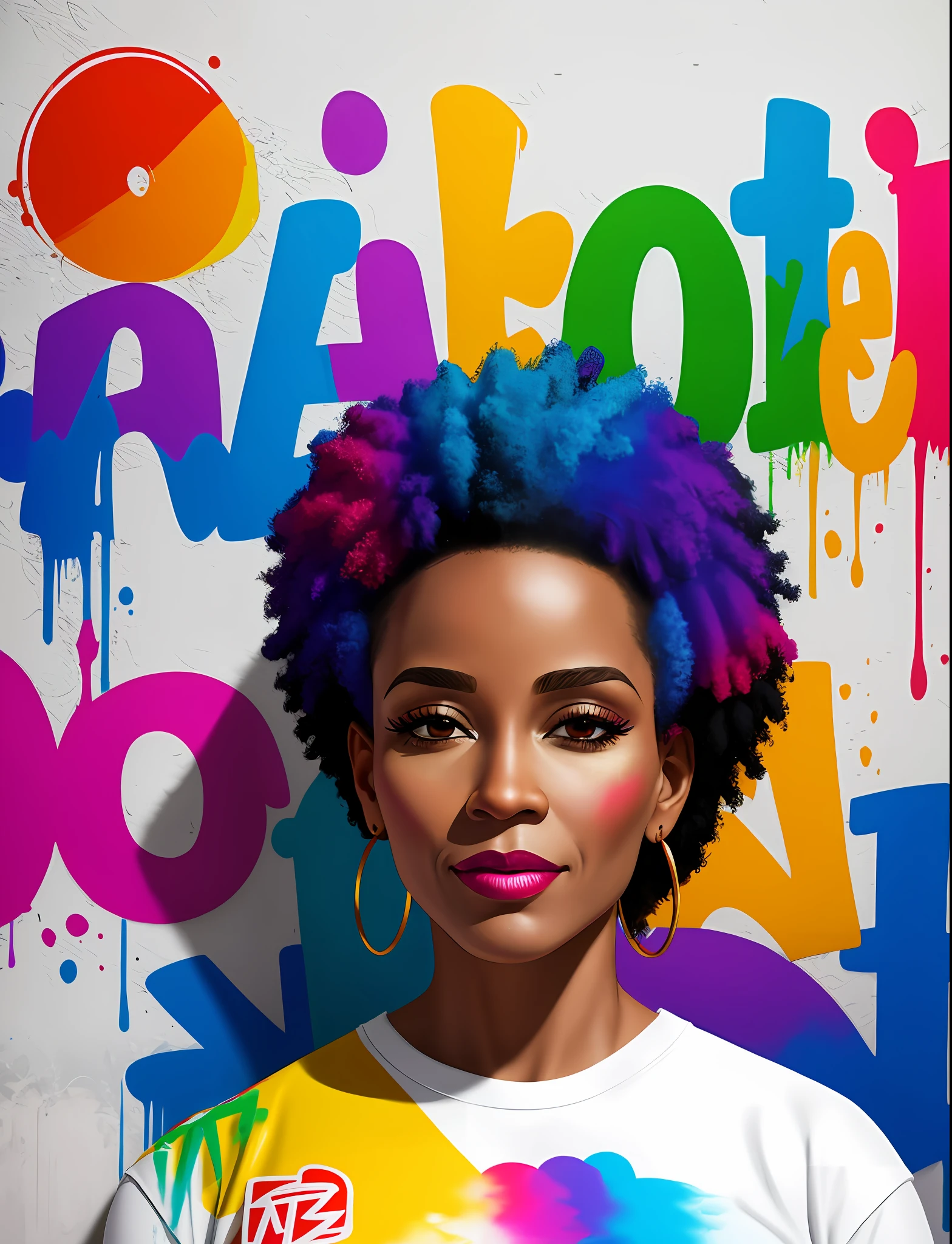 Graffiti painting, street art, 16k extremely detailed CG unit wallpaper, 8k landscape, artwork, masterpiece, best quality, amazing light brushstrokes, of a 45-year-old Black woman in graffiti style on a white wall with vibrant colors.