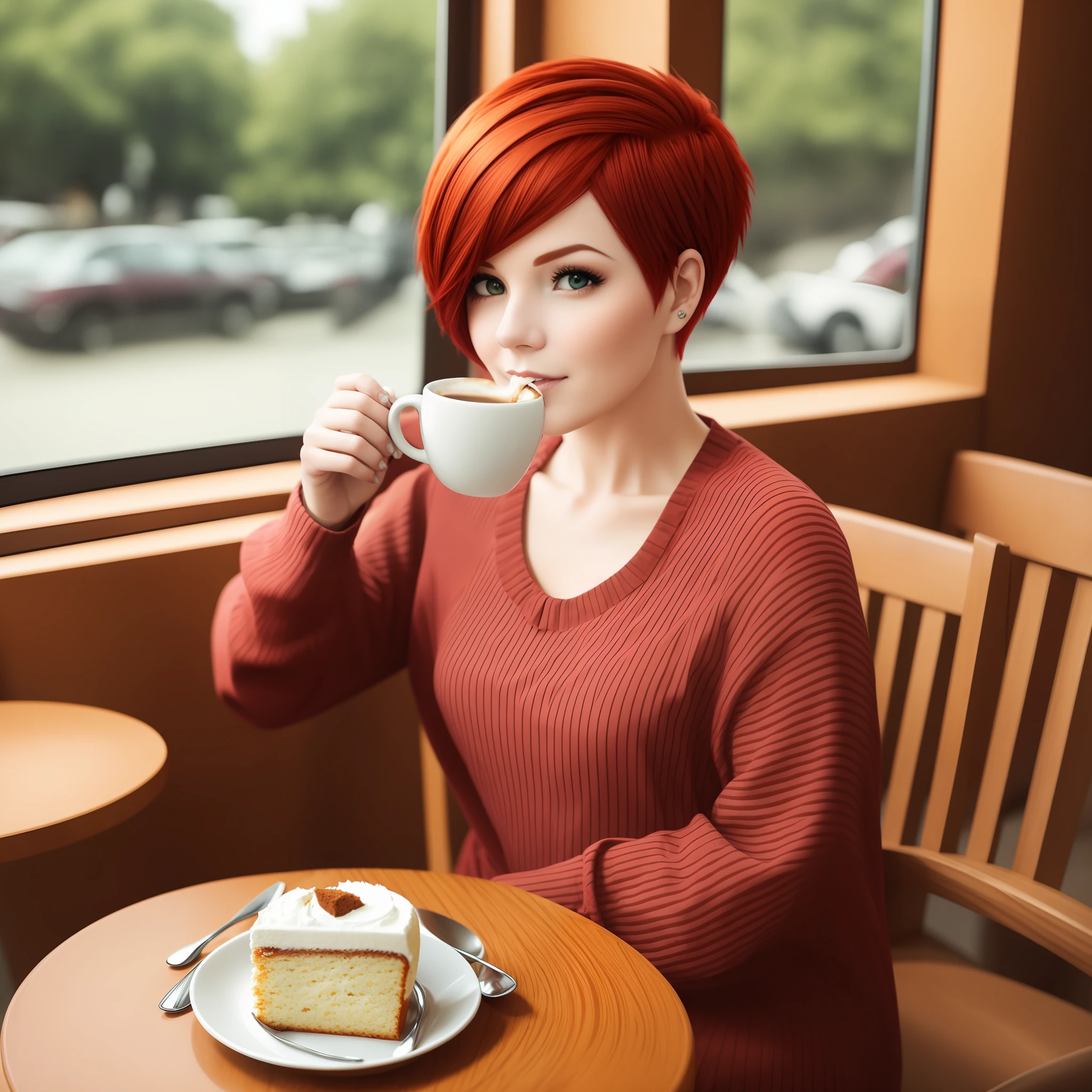 Woman with short red hair drink a coffee and eat a cake --auto --s2