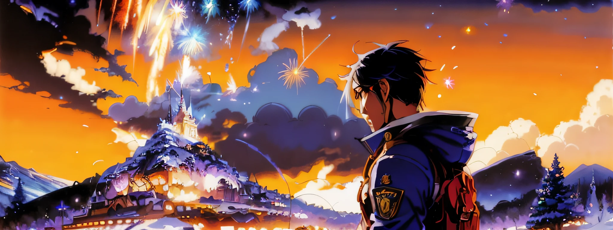 Anime scene of a man in front of a mountain with a firework, Makoto Shinkai Cyril rolling, Epic anime art, Light from above, Artstation, Trending on Artstation, Rossdraws Portrait, IG Model | artgerm, rossdraws, wojtek fus, extremely detailed artgerm, artgerm jsc, cgsociety macro, chengwei pan, art by Robert Hagan, fine detail, atmospheric, vivid tones, octane render, sharp focus, sharp edges, 16k