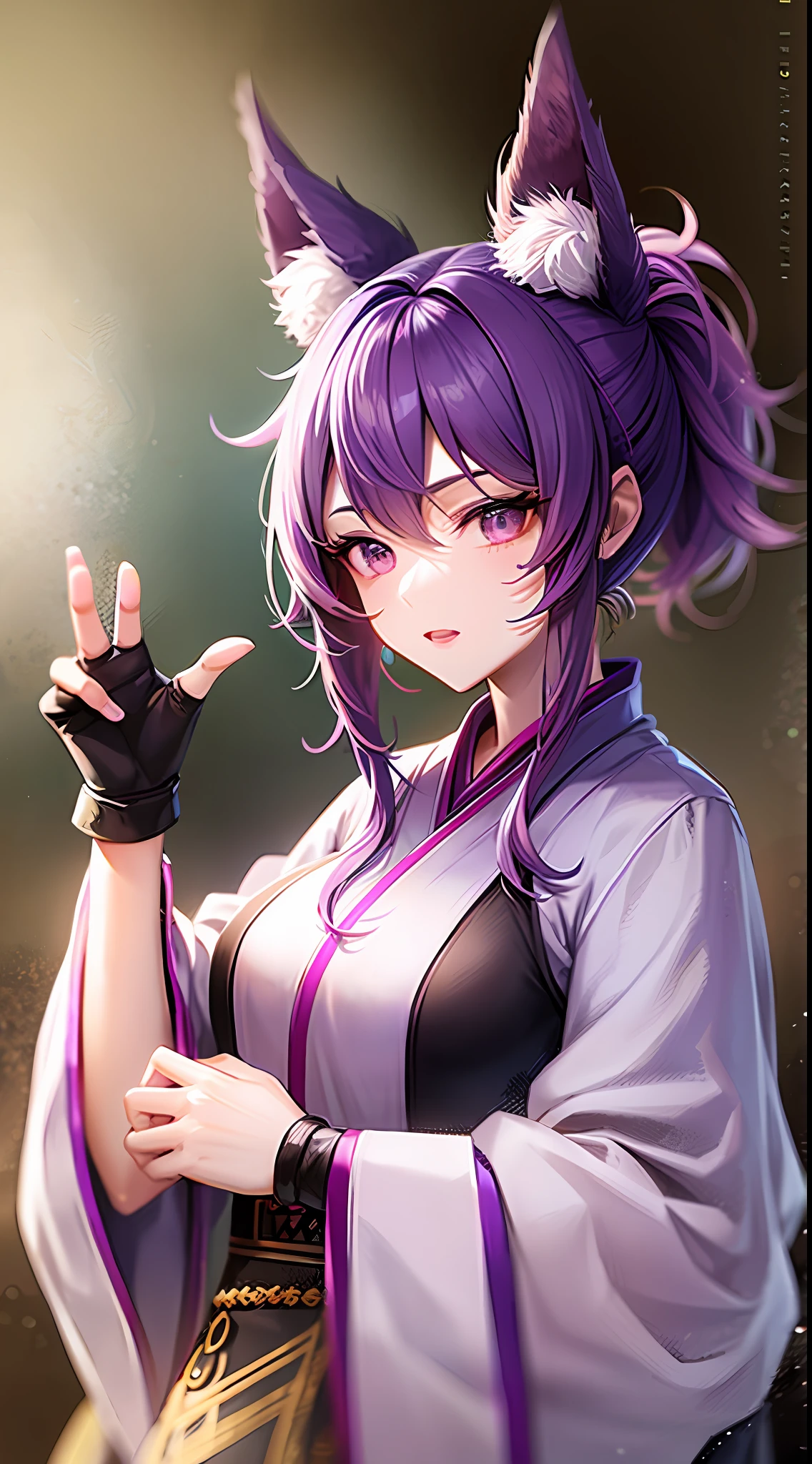 Tall girl, short purple hair, high ponytail, fox ears, purple eyes, Hanfu fighting, fighting stance, wicked, masterpiece, high quality