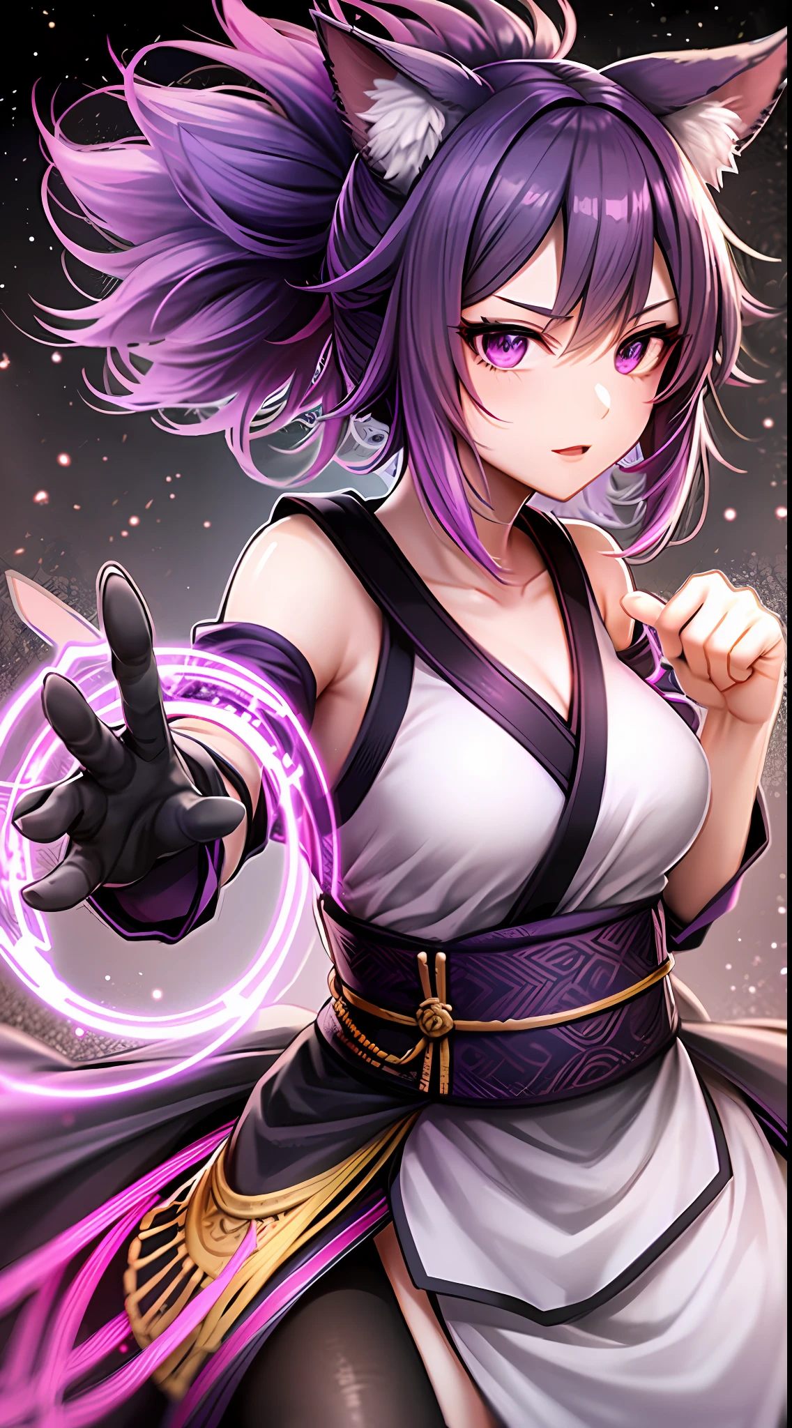 Tall girl, short purple hair, high ponytail, fox ears, purple eyes, Hanfu fighting, fighting stance, wicked, masterpiece, high quality