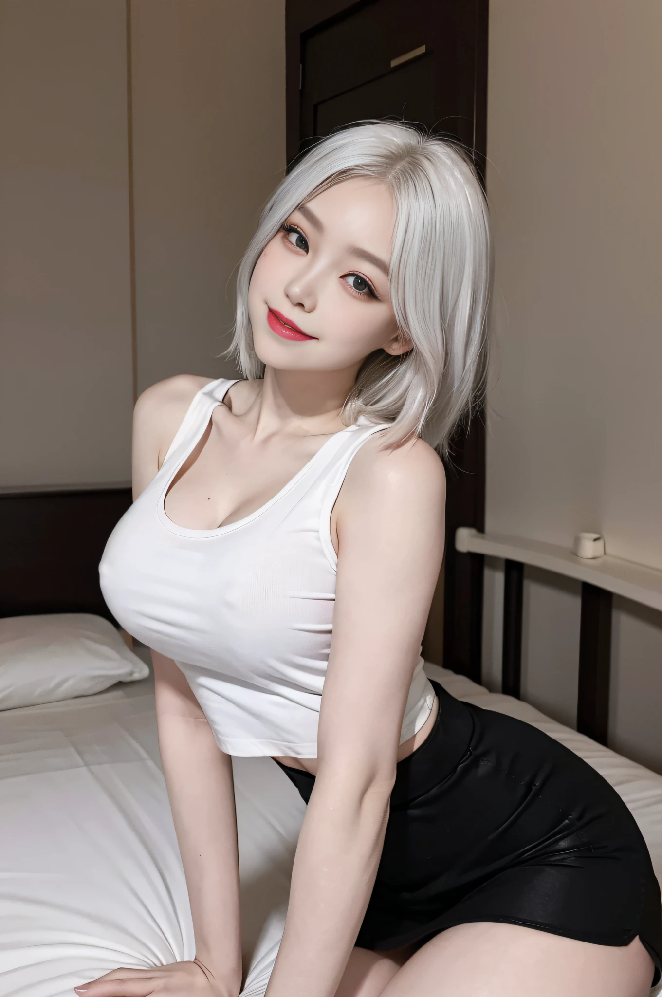 Beautiful Japan , white hair, big round breasts, black tank top, short skirt, (beautiful eyes in detail, half eyes closed: 1.4, eyelashes, beautiful double eyelids), beautiful thin legs, (seductive look, jagged look, evil smile), cowboy shot, big bed in the suite,