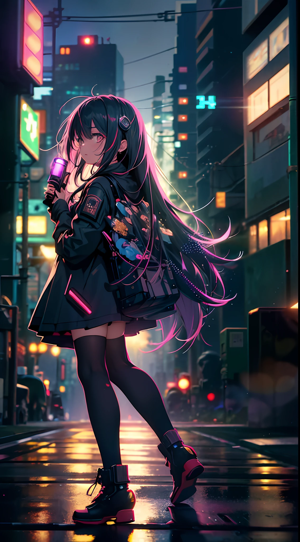 Night, Cyberpunk, After the Rain, Street, Girly, Black Stockings, Backlight, Look to the Audience, Low Angle Lens, Look Up Lens, Perfect Composition, Perfect Light and Shadow Delicate, 8K