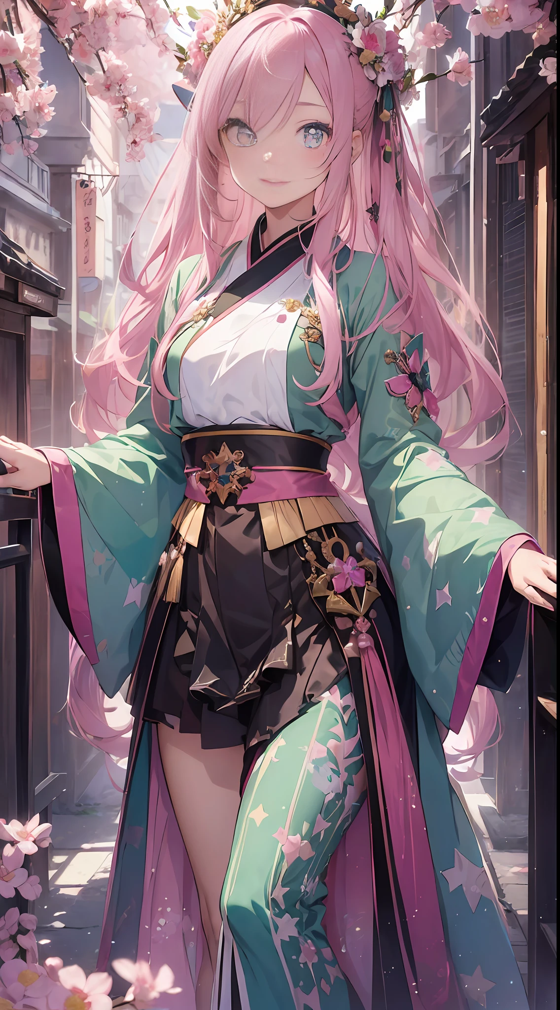 (((Masterpiece))) (1 girl) (pink hair, long hair, straight hair, both sides up) (green eyes), beautiful face, eyeshadow, eyeliner, glow eyes, hyper detail eyes, complex eyes, beautiful eyes, detailed eyes, ((star-shaped pupils, sparkling pink pupils)) 18 year old girl. ((Hanfu)). Smile. Full body painting.  flowerbackground.Chinesesword