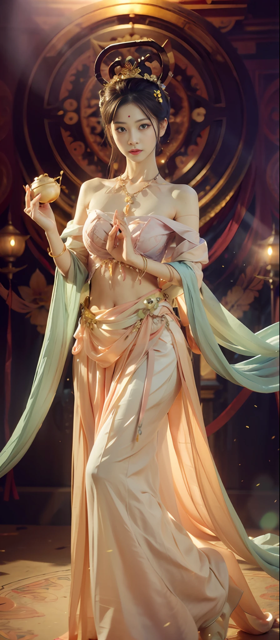 (RAW Photo, Best Quality), (Realistic, Photorealistic True: 1.3), Best Quality, Highly Detailed, Masterpiece, Ultra Detail, Extreme Detail, Extremely Detailed CG, 8k Wallpaper, Realistic Details, Movie Lighting, Illustration, 1 Girl, upper_body, Dynamic Angle, World Mastery Theater, Best Quality, Extremely Delicate Beautiful Girl, Perfect Face, Delicate Facial Features, Delicate Hands, Delicate Eyelashes, Delicate Eyes, Supple Fair Skin, Sexy Collarbone, Dance, dunhuang_dress, holding lotus, bare shoulders, stunning beauty, abdomen, navel, amazing, sexy, peach blossom eyes, light makeup, smile, lens_flare, dunhuang_style, streamers, floating, lanterns, full body portraits,