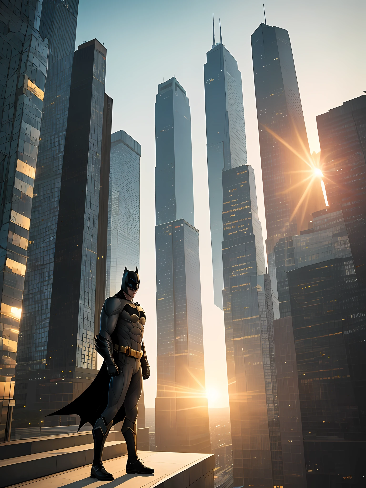 Cinematic Batman standing on skyscraper on sun set