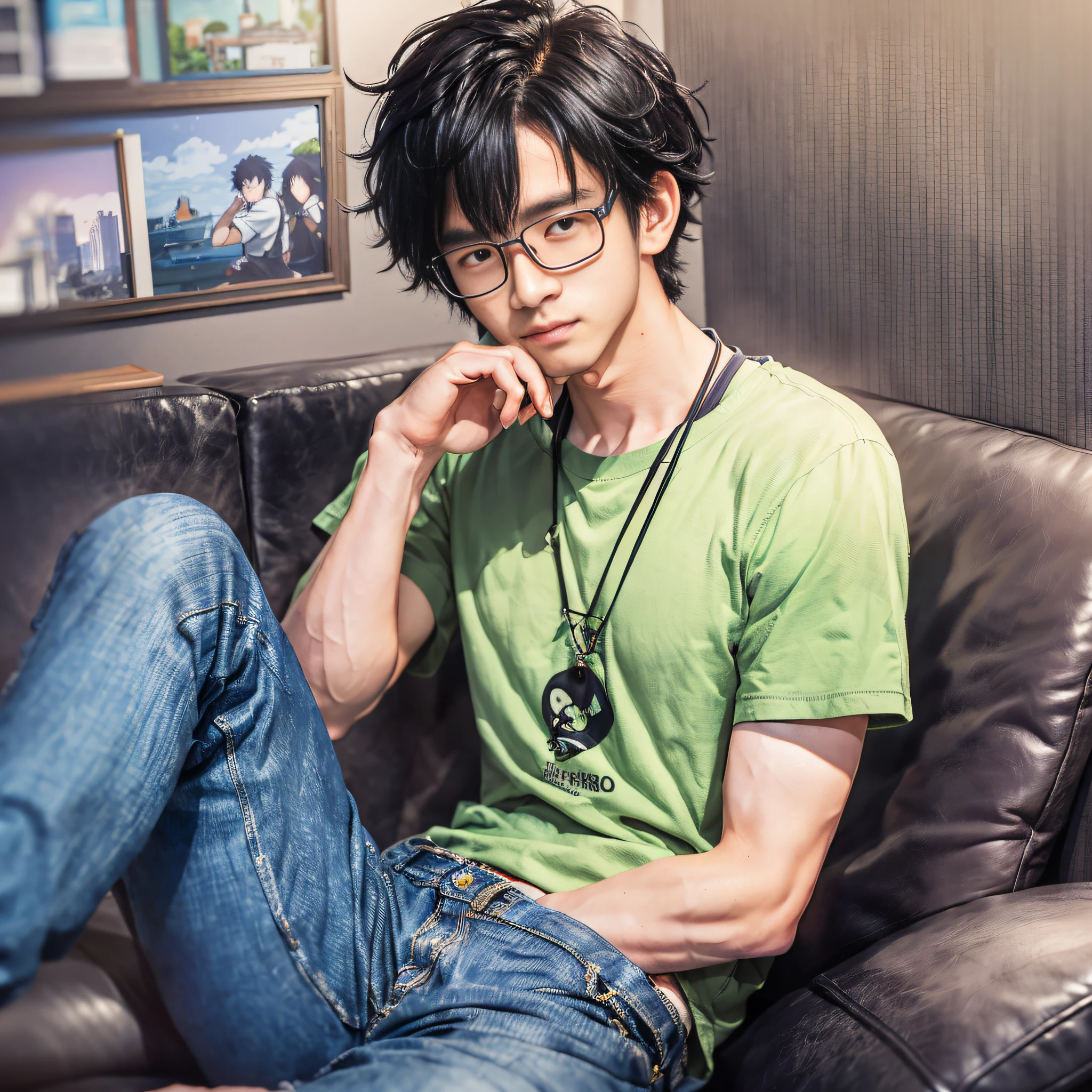 Man sitting on sofa with hand on chin, Yuichiro Fukaya, handsome anime pose, Kentaro Miura style, Kentaro Miura style!!!!, Isayama Isaji style, full body 1/6 Tsutomu Nihei, Makoto Yukimura, "Range Murata and Art Germ"