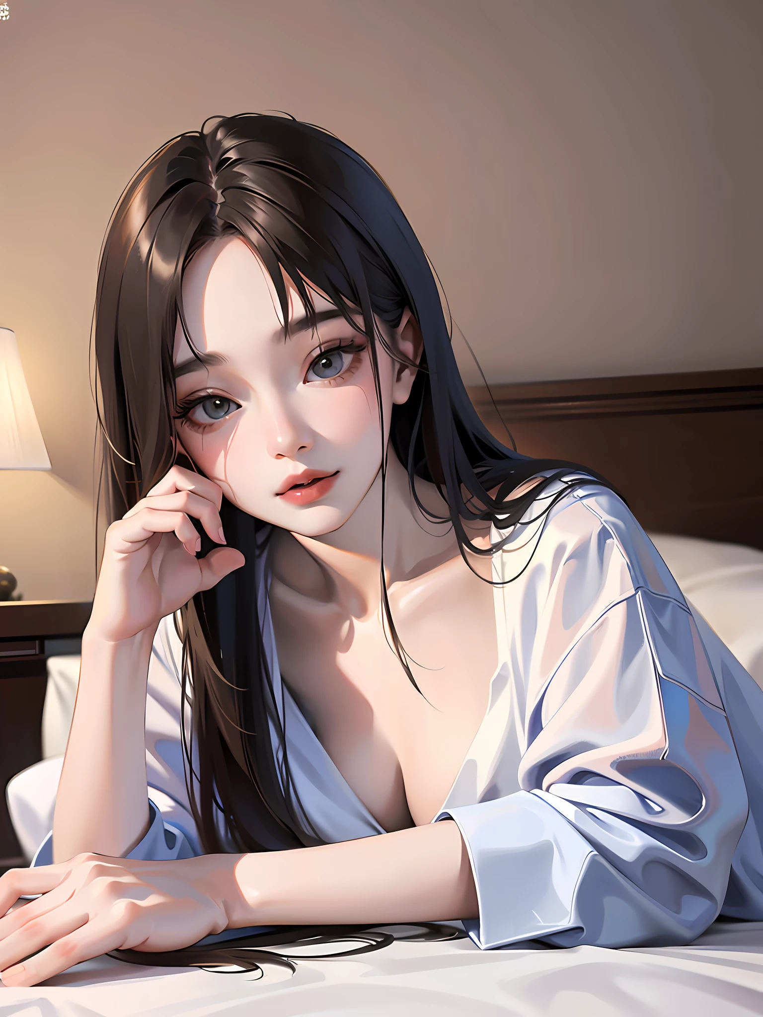 (Master work, realistic, realistic photo) A beautiful Chinese woman, lying on her side on bed, facing the camera, delicate face, light makeup, sexy lips, gorgeous young girl with a cute face, 20 years old, sexy shot