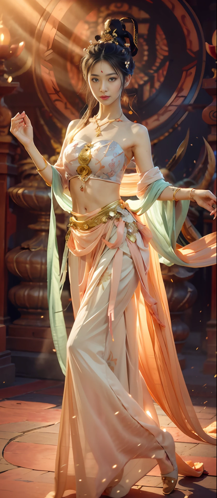 (RAW Photo, Best Quality), (Realistic, Photorealistic True: 1.3), Best Quality, Highly Detailed, Masterpiece, Ultra Detail, Extreme Detail, Extremely Detailed CG, 8k Wallpaper, Realistic Details, Movie Lighting, Illustration, 1 Girl, upper_body, Dynamic Angle, World Mastery Theater, Best Quality, Extremely Delicate Beautiful Girl, Perfect Face, Delicate Facial Features, Delicate Hands, Delicate Eyelashes, Delicate Eyes, Supple Fair Skin, Sexy Collarbone, Dance, dunhuang_dress, holding lotus, bare shoulders, stunning beauty, abdomen, navel, amazing, sexy, peach blossom eyes, light makeup, smile, lens_flare, dunhuang_style, streamers, floating, lanterns, full body portraits,