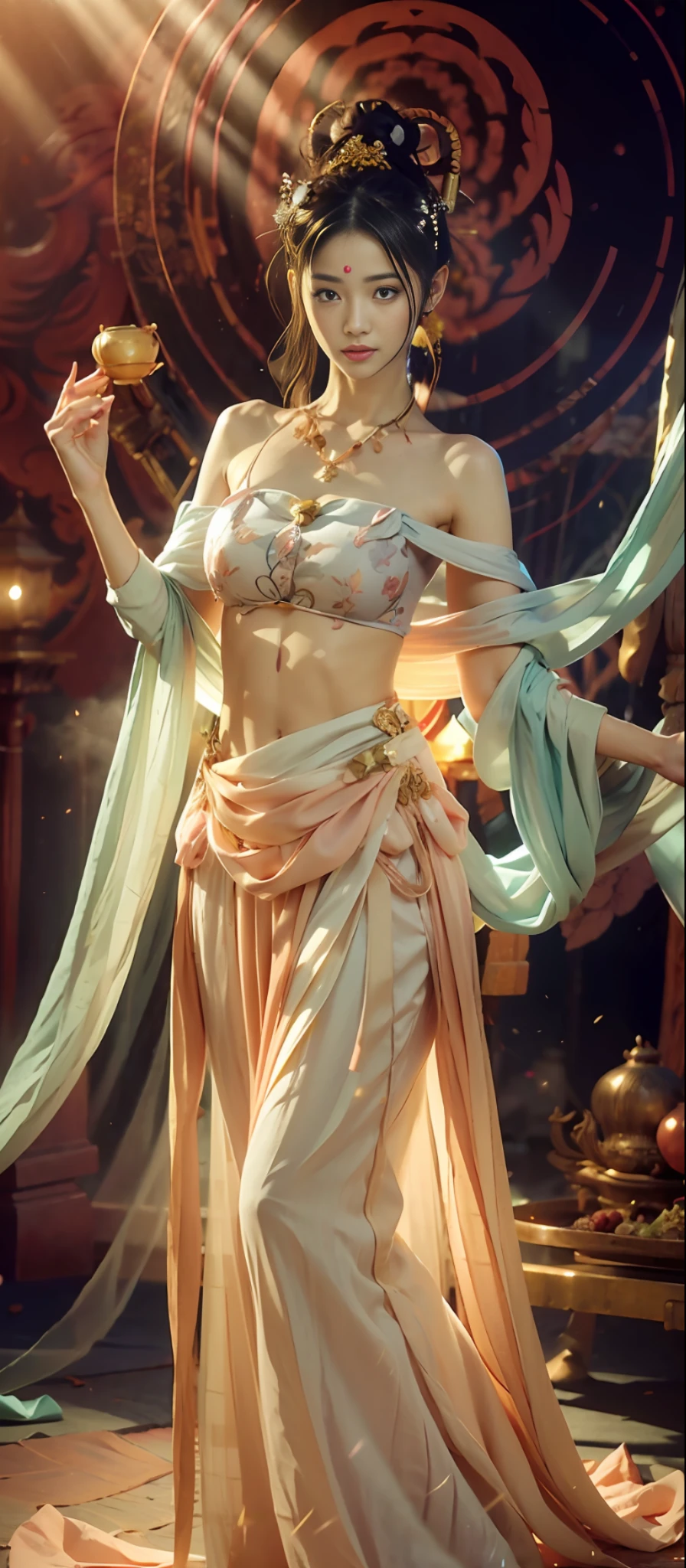 (RAW Photo, Best Quality), (Realistic, Photorealistic True: 1.3), Best Quality, Highly Detailed, Masterpiece, Ultra Detail, Extreme Detail, Extremely Detailed CG, 8k Wallpaper, Realistic Details, Movie Lighting, Illustration, 1 Girl, upper_body, Dynamic Angle, World Mastery Theater, Best Quality, Extremely Delicate Beautiful Girl, Perfect Face, Delicate Facial Features, Delicate Hands, Delicate Eyelashes, Delicate Eyes, Supple Fair Skin, Sexy Collarbone, Dance, dunhuang_dress, holding lotus, bare shoulders, stunning beauty, abdomen, navel, amazing, sexy, peach blossom eyes, light makeup, smile, lens_flare, dunhuang_style, streamers, floating, lanterns, full body portraits,