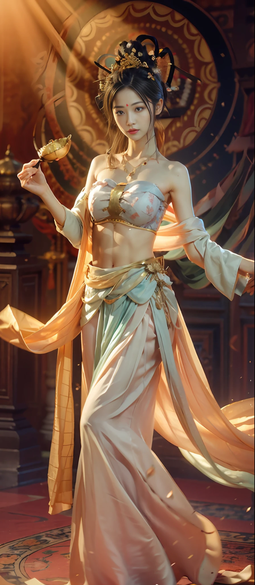 (RAW Photo, Best Quality), (Realistic, Photorealistic True: 1.3), Best Quality, Highly Detailed, Masterpiece, Ultra Detail, Extreme Detail, Extremely Detailed CG, 8k Wallpaper, Realistic Details, Movie Lighting, Illustration, 1 Girl, upper_body, Dynamic Angle, World Mastery Theater, Best Quality, Extremely Delicate Beautiful Girl, Perfect Face, Delicate Facial Features, Delicate Hands, Delicate Eyelashes, Delicate Eyes, Supple Fair Skin, Sexy Collarbone, Dance, dunhuang_dress, holding lotus, bare shoulders, stunning beauty, abdomen, navel, amazing, sexy, peach blossom eyes, light makeup, smile, lens_flare, dunhuang_style, streamers, floating, lanterns, full body portraits,