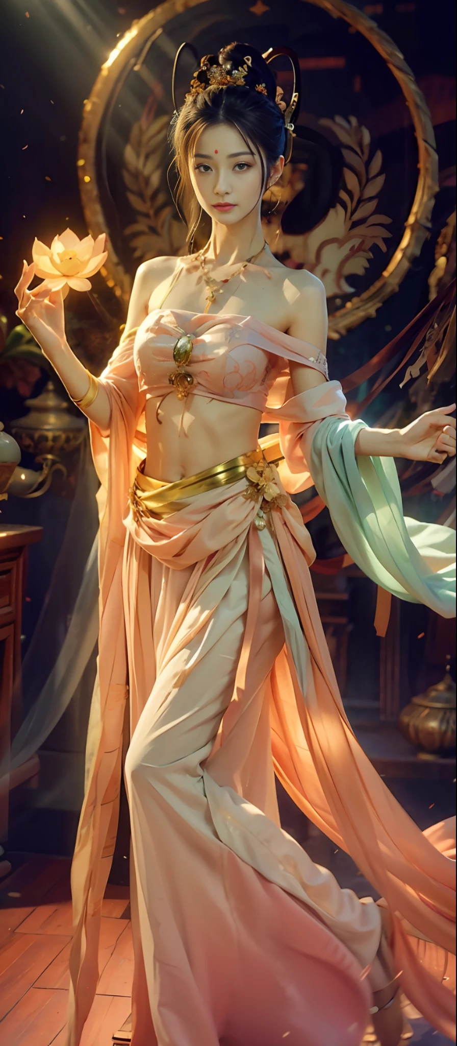 (RAW Photo, Best Quality), (Realistic, Photorealistic True: 1.3), Best Quality, Highly Detailed, Masterpiece, Ultra Detail, Extreme Detail, Extremely Detailed CG, 8k Wallpaper, Realistic Details, Movie Lighting, Illustration, 1 Girl, upper_body, Dynamic Angle, World Mastery Theater, Best Quality, Extremely Delicate Beautiful Girl, Perfect Face, Delicate Facial Features, Delicate Hands, Delicate Eyelashes, Delicate Eyes, Supple Fair Skin, Sexy Collarbone, Dance, dunhuang_dress, holding lotus, bare shoulders, stunning beauty, abdomen, navel, amazing, sexy, peach blossom eyes, light makeup, smile, lens_flare, dunhuang_style, streamers, floating, lanterns, full body portraits,