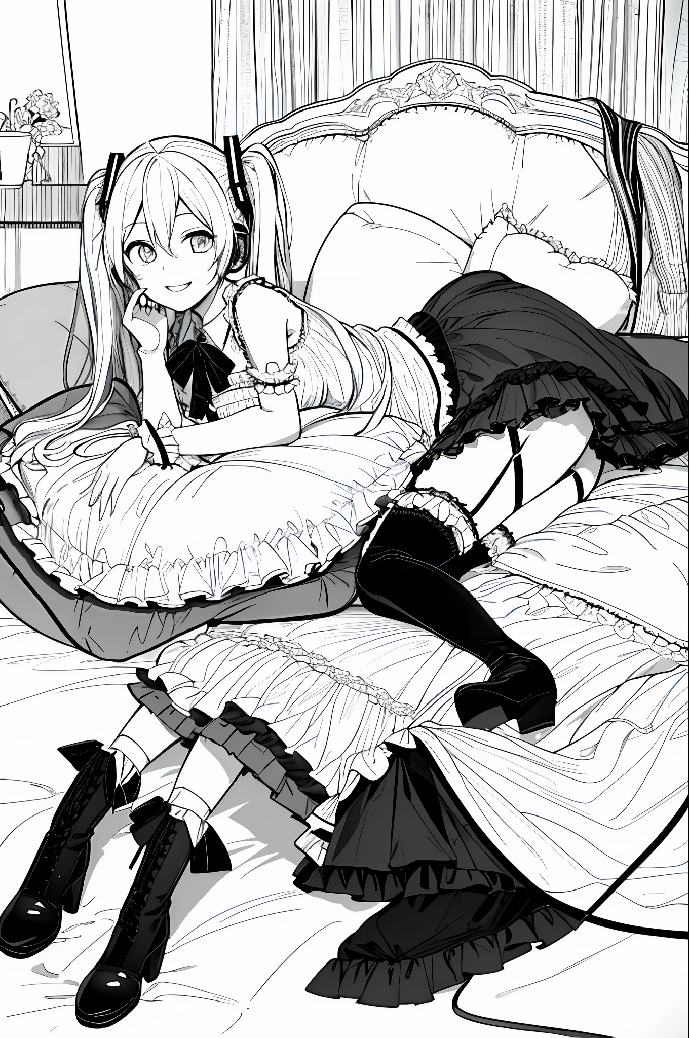 masterpiece, best quality, hatsune miku, pillow, garter straps, hatsune miku, 1girl, cushion, long hair, thighhighs, frilled pillow, skirt, solo, couch, boots, smile, heart pillow, looking at viewer, breasts, twintails, jacket, bed, high heels, sweet devil \(vocaloid\), parted lips, monochrome, lineart,
