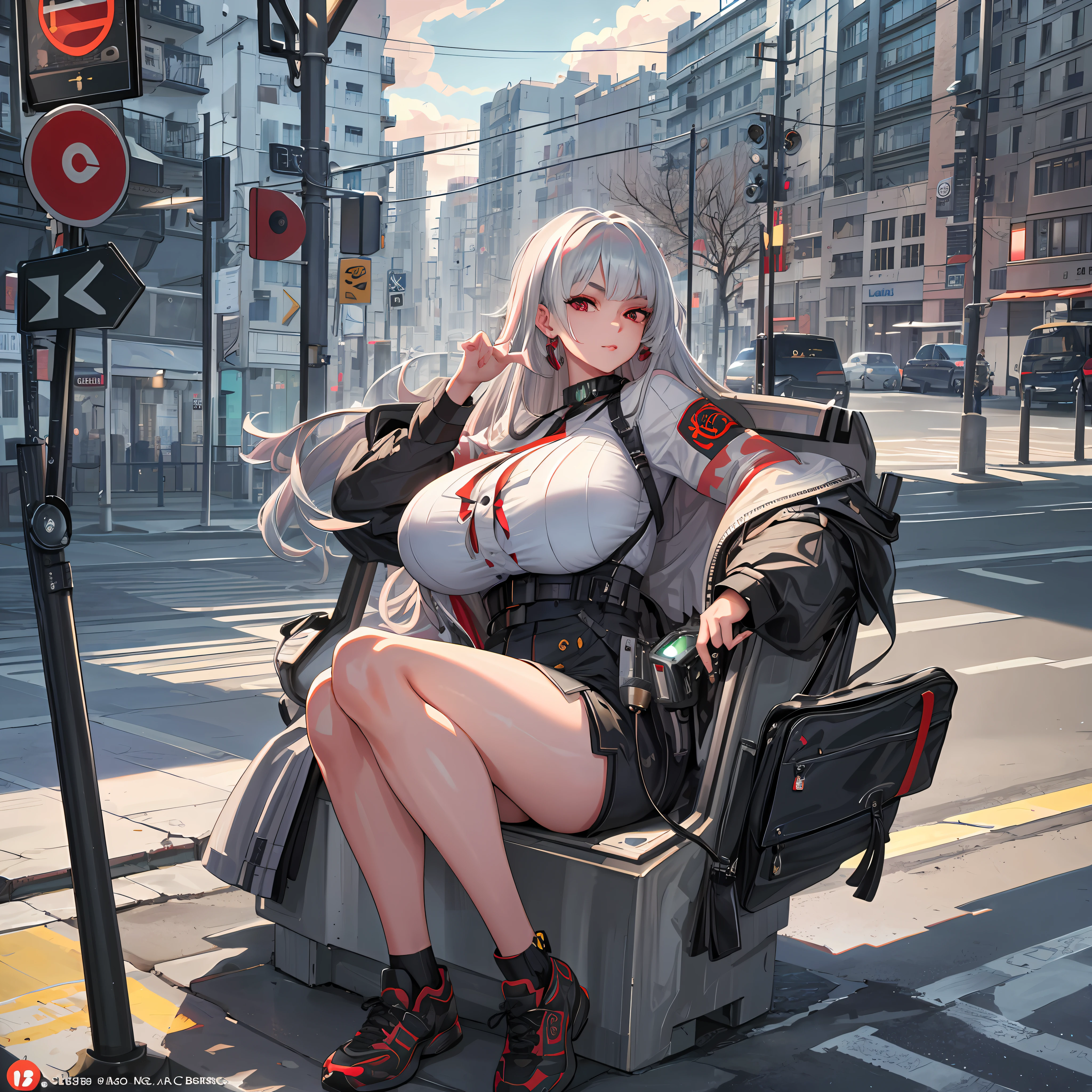best quality, 4K wallpaper, masterpiece, detailed CG unity 8k wallpaper, extremely detailed eyes, ultra-detailed, intricate details, 1girl, solo, red eyes, silver hair, long hair, Streetwear outfit, shoes, jewelry, ear piercing, looking at viewer, road sign, street park, street, urban, Game cover art:1.5), (masterpiece:1.2), (best quality:1.2), highest quality, absurdres, 8k wallpaper, HDR, elaborate features, beautiful intricate eyes, ray tracing, perfect face, octane render, tits,, sexy lips,
(gigantic and massive tits:1.1), breasts, official illustration, illustration, detailed face, beautiful intricate eyes, machine texture,