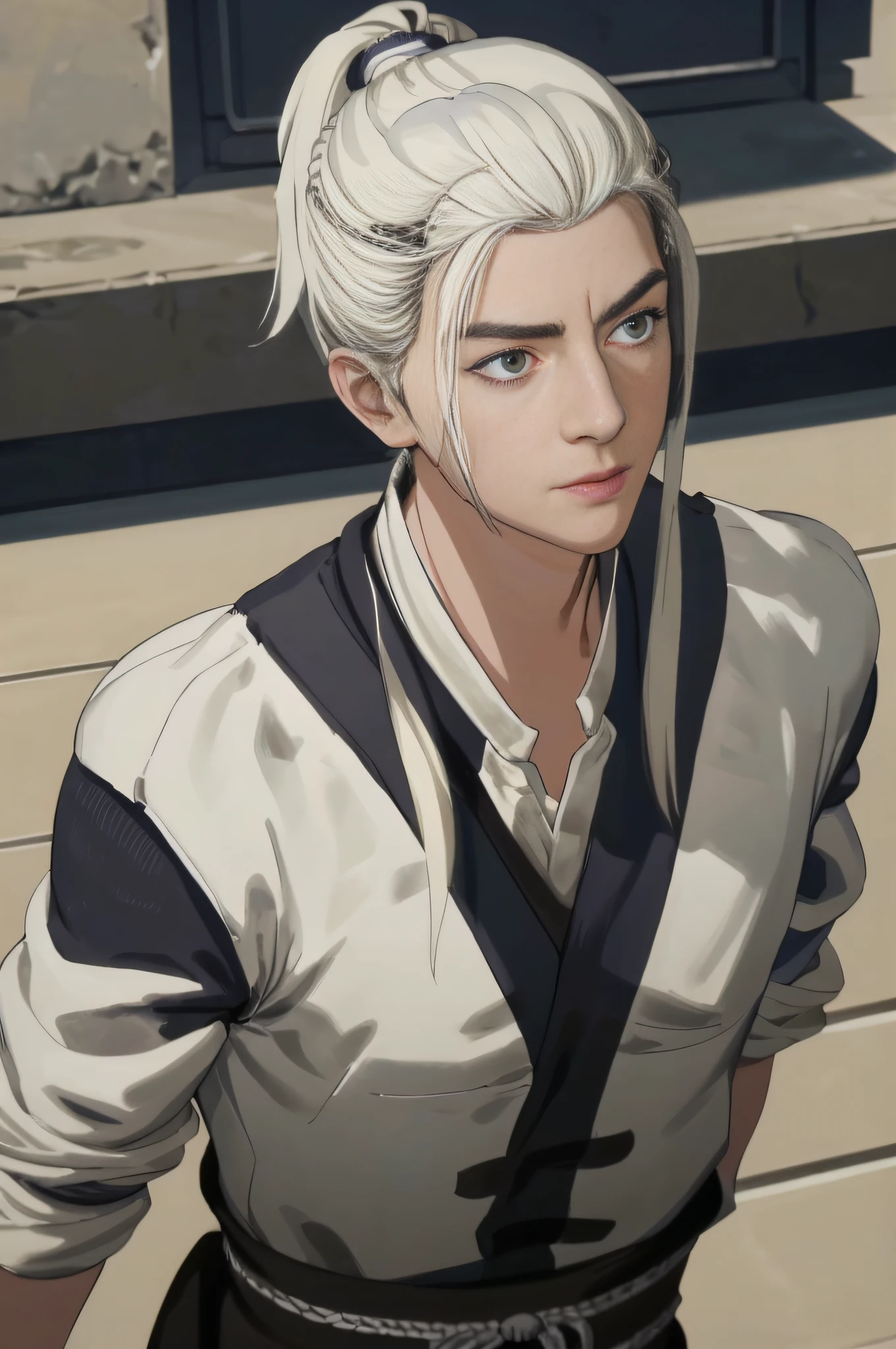 ((masterpiece:1.2, best quality)), 4k, 1man, adult, mature, handsome, extremely short hair, , white suit, portrait, extremely detailed face, (muscle: 1.4, broad shoulders: 1.4, regular body)