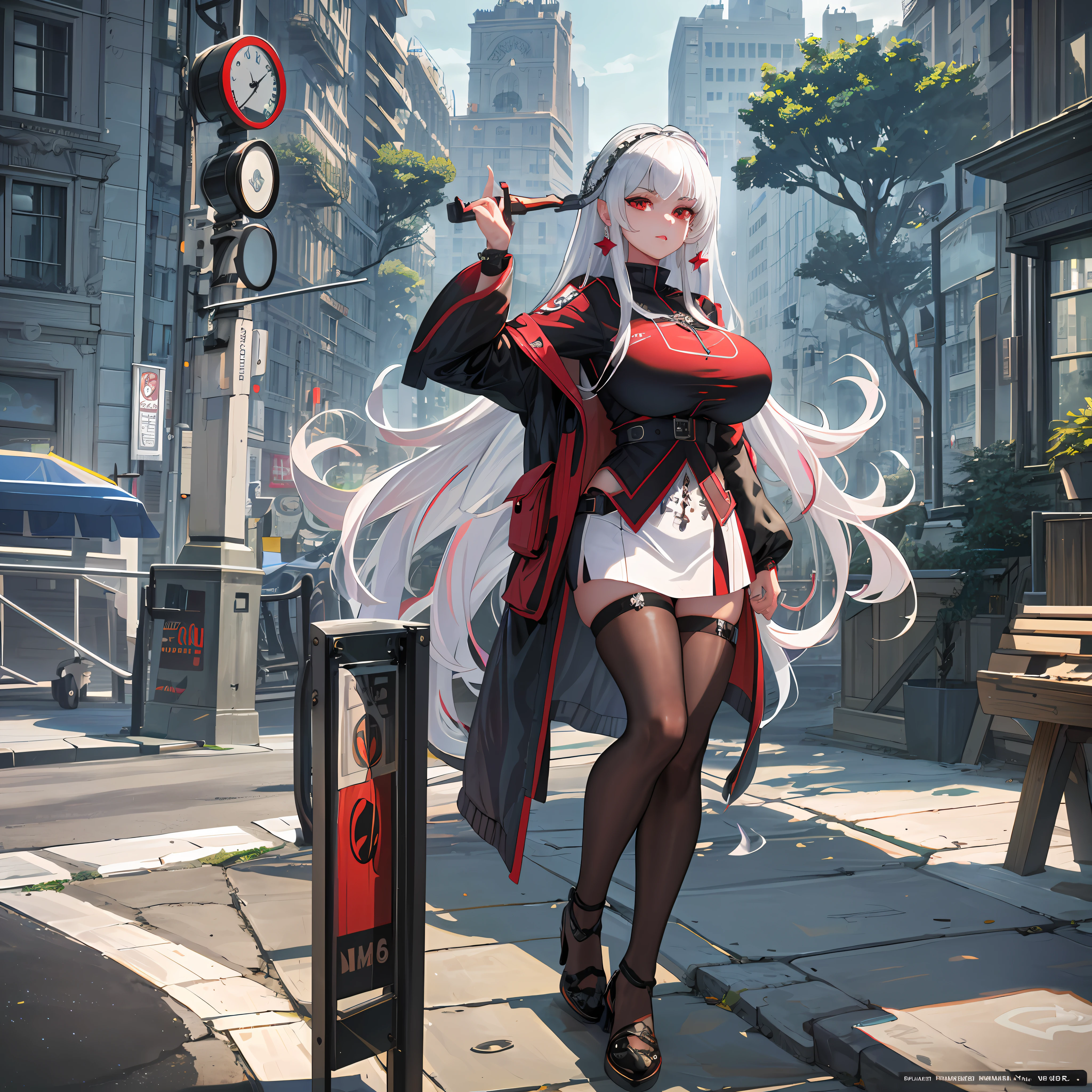 best quality, 4K wallpaper, masterpiece,  detailed CG unity 8k wallpaper, extremely detailed eyes, ultra-detailed, intricate details, 1girl, solo, red eyes, silver hair, long hair, Streetwear outfit, shoes, jewelry, ear piercing, looking at viewer, road sign, street park, street, urban, Game cover art:1.5), (masterpiece:1.2), (best quality:1.2), highest quality, absurdres, 8k wallpaper, HDR, elaborate features, beautiful intricate eyes, ray tracing, perfect face, octane render, tits,, sexy lips,
(gigantic and massive tits:1.1), breasts, official illustration, illustration, detailed face, beautiful intricate eyes, machine texture,