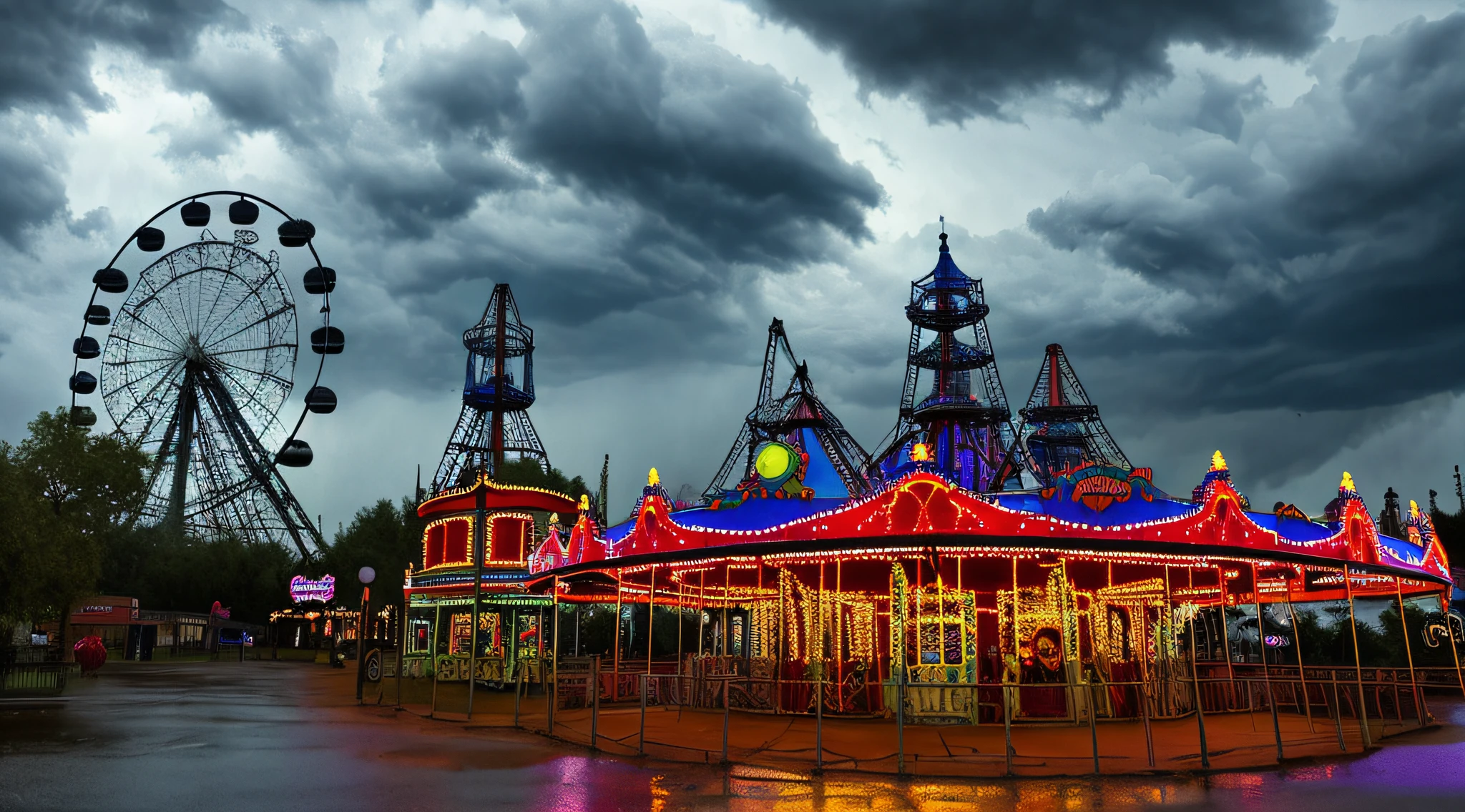 Terrifying photo,dark night,sky with lots of clouds,rain and lightning, an amusement park,old,dirty and macabre in the background,left in foreground a sinister carousel, decaying Ferris wheels, roller coasters, movie scenes,ultra realistic, very detailed, ultra high resolution, 8K UHD --v 6
